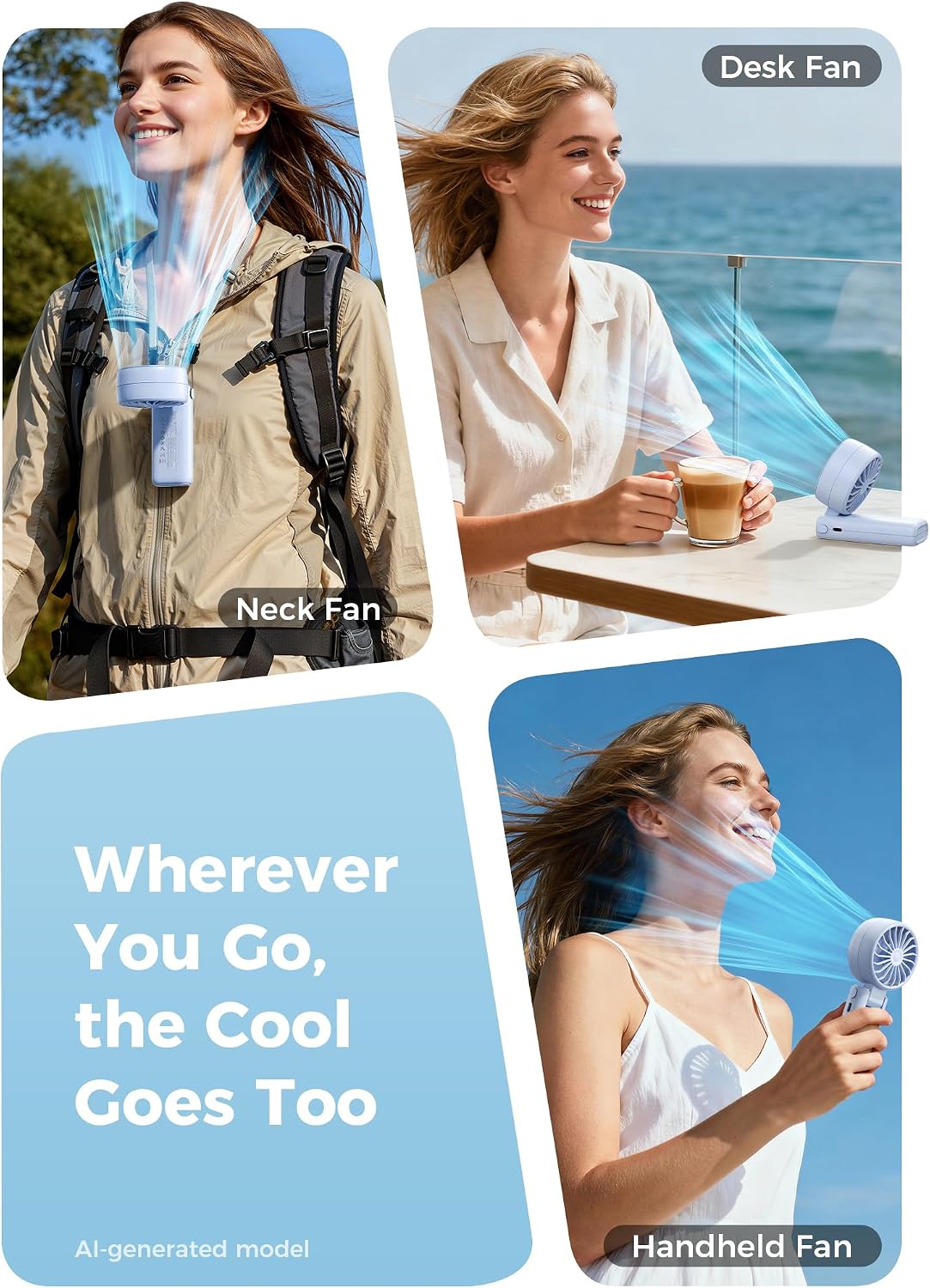 Aecooly Mighty Portable Handheld Fan | 20H Max Cooling | 3 Flexible Modes | 5 Speeds Wind | Battery Level Display | USB Rechargeable Mini Personal Battery Powered, Gifts for Women, Travel -Blue