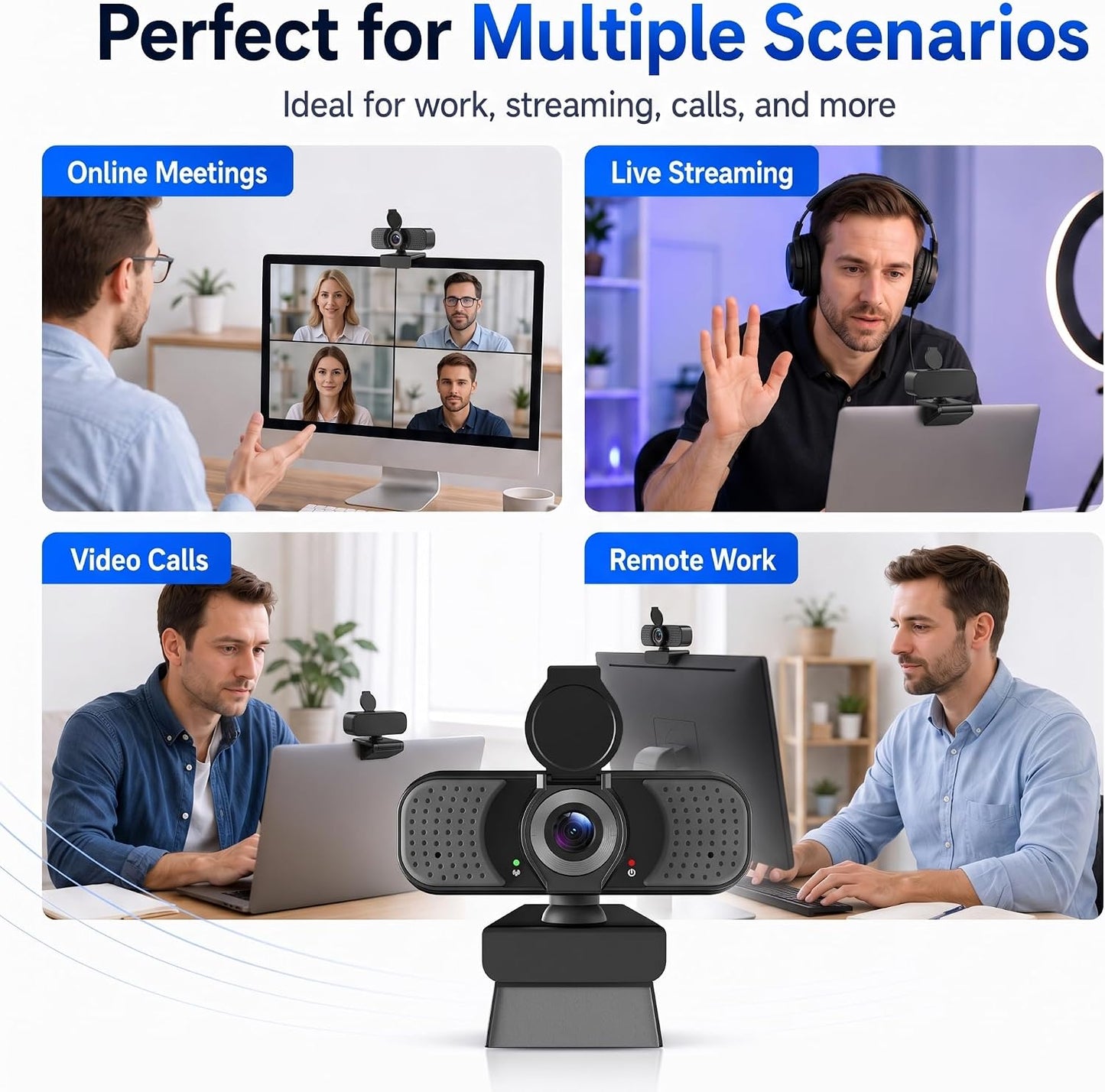 4K UHD Webcam with PDAF Autofocus, Dual Mics, USB-C Adapter, Privacy Cover | 87° view, auto white balance, low-light correction, 360° rotation, 35° tilt, 1.5 m USB-A cable and mini tripod