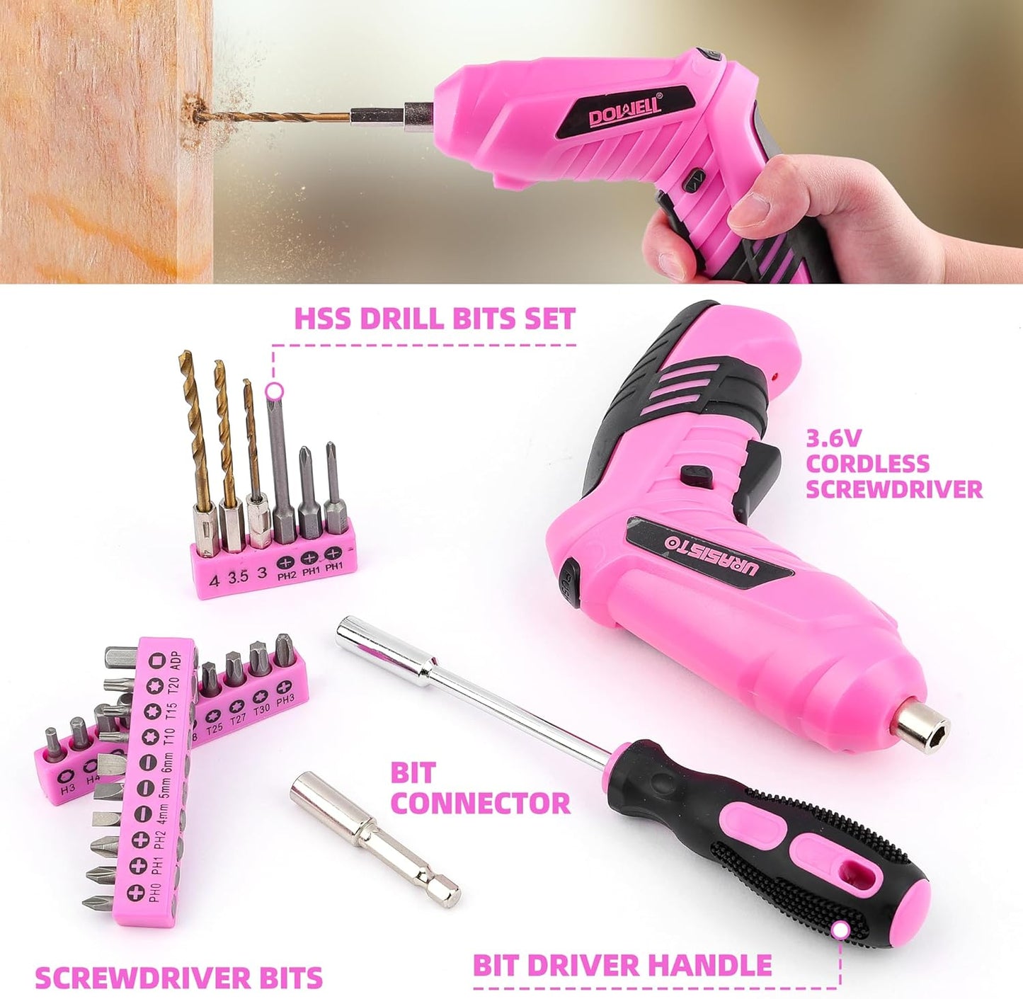 URASISTO 123 Piece Pink Household Tool Set with 3.6V USB Electric Screwdriver, Home Tool Kit with Cordless Lithium-ion Drill Driver, HandTool Kits for Women