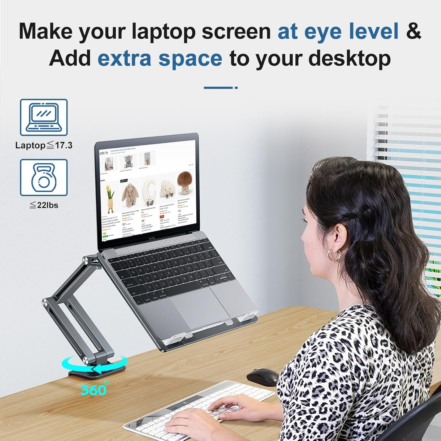 Laptop Stand Desk Mount, Aluminum Adjustable Laptop Arm with Tray | 360° Rotatable Ergonomic Computer Holder for 11-15 Inch Laptops & Tablets, Relieve Neck Strain for Sitting & Standing Work