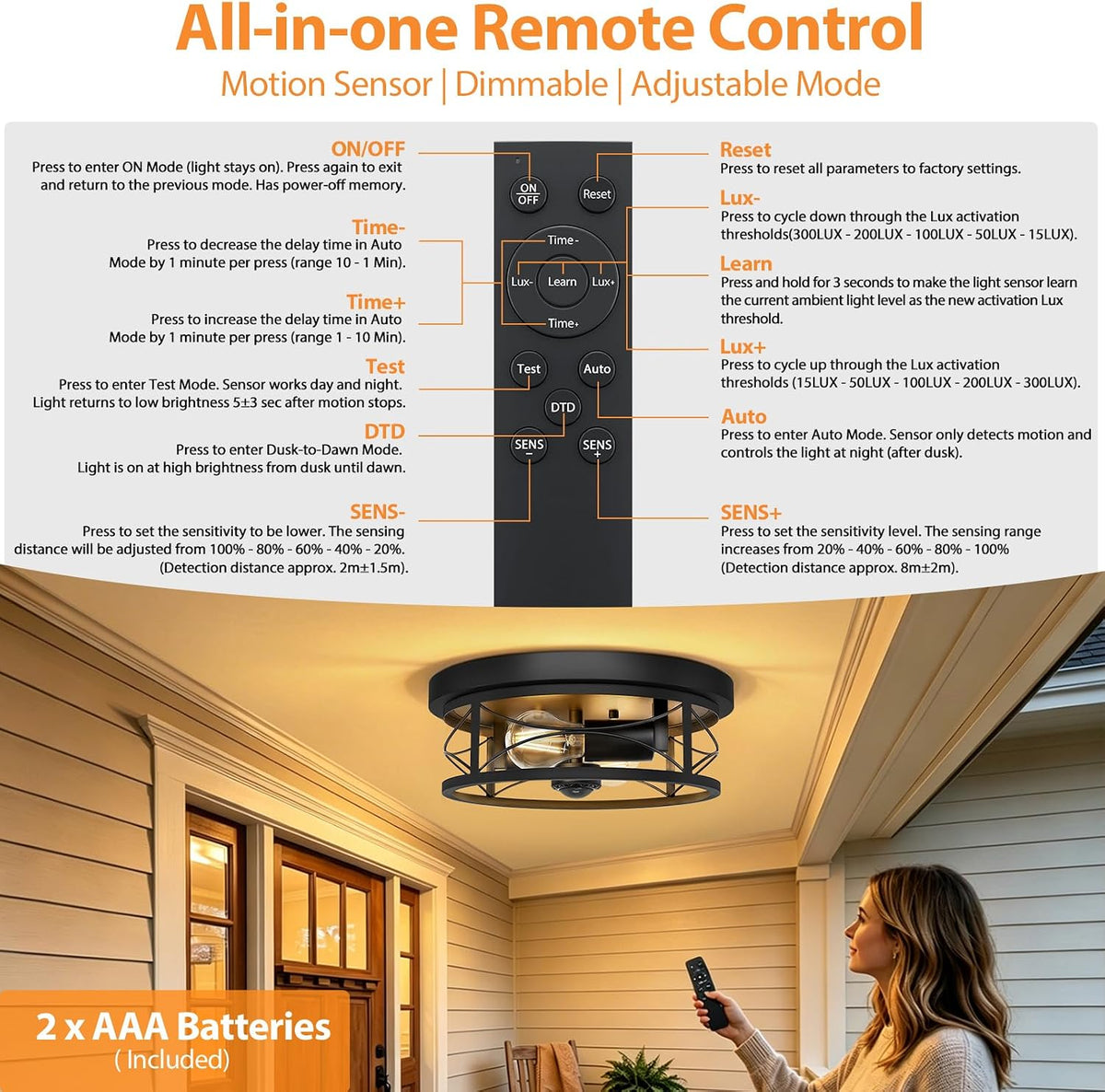 Motion Sensor Outdoor Ceiling Light, Dusk to Dawn Flush Mount Light Fixture
