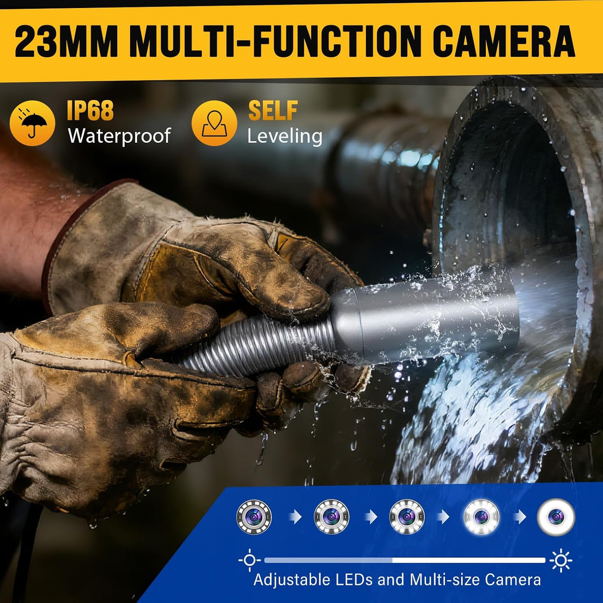Anysun Sewer Camera Self Leveling 100ft, Sewer Inspection Camera with Meter Marker, HD Screen, DVR, 12 Adjustable LED Lights, 7mm Cable, 5100mAh Rechargeable Battery, 32GB Card