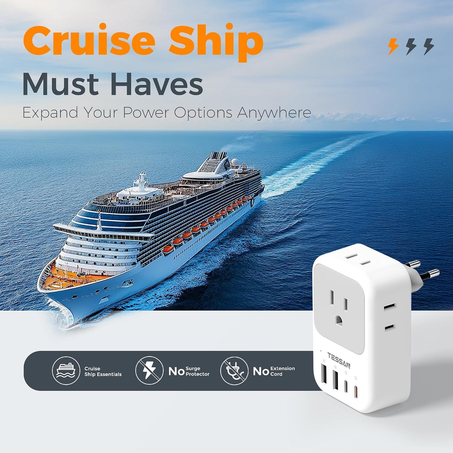 TESSAN European Travel Plug Adapter 2 Pack, PD 20W Adapter for Europe Plug | 4 AC Outlets, 4 USB (2 USB C), Type C Adaptor, US to Europe, Italy, Spain, France, Portugal, Greece, Iceland, Germany