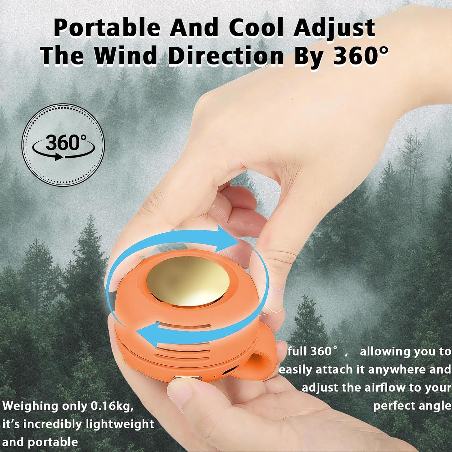 Portable Clip-On Fan, Mini USB Rechargeable 360° Rotatable Fan, Personal Fan 3-Speed Silent Mini Bladeless Fans (Orange)