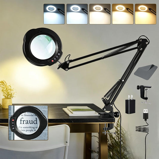 12X Magnifying Glass with Light and Clamp, 84 LEDs Real Glass Lens Magnifying Lamp for Close Work, Repair, Reading, Craft（Top Button）