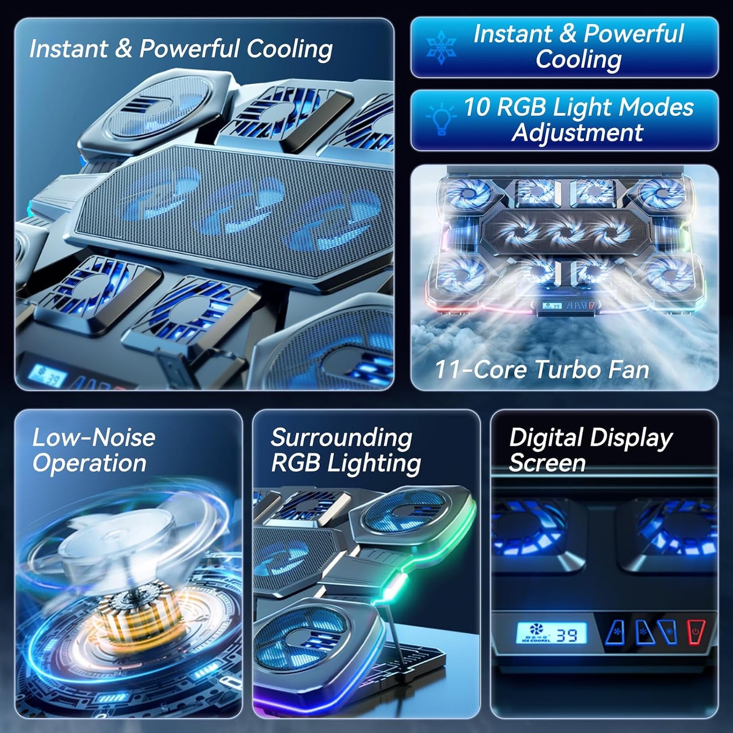 Gaming Laptop Cooling Pad - 11 High Speed Turbo Fans Ultra Quiet Laptop Cooler Stand with RGB Lights Digital Display Height Adjustable for 17 Inch Laptop