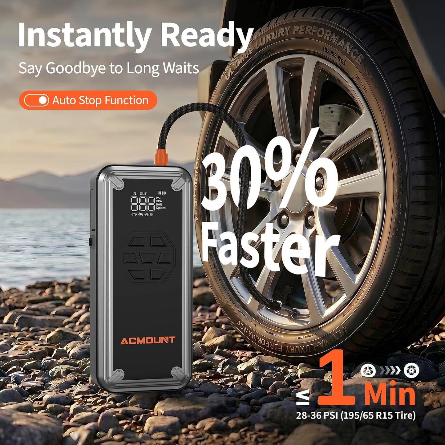 ACMOUNT W160 5000A Jump Starter with Air Compressor 150PSI, 12V Jump Box | Car Jumper Starter Portable(9L Gas/8L Diesel) with Jump Cables, Tire Inflator, 3 LED Light Modes, Power Bank, Car Essentials