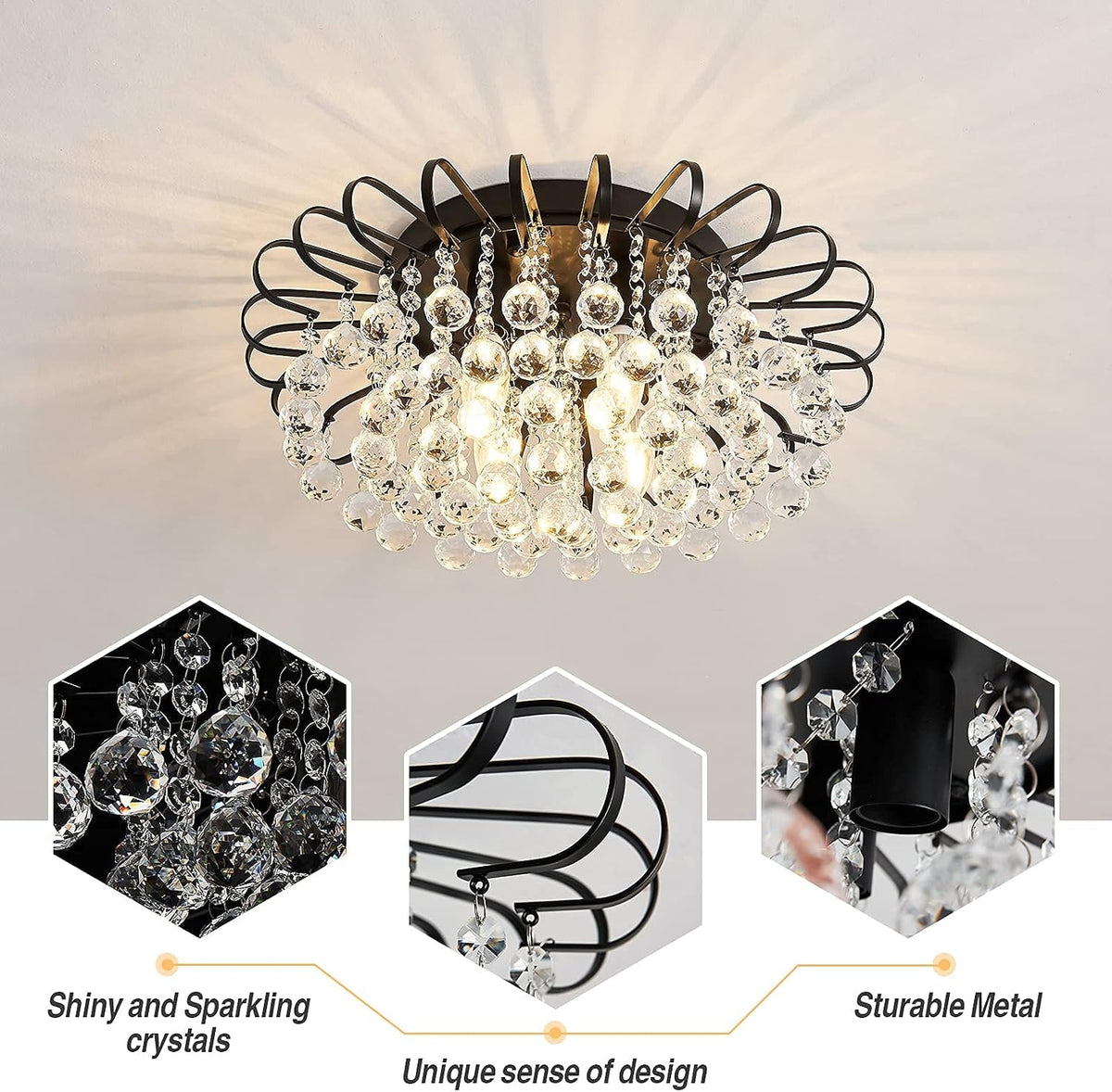 CVKASH Crystal Floral Chandelier 4-Light Antique Modern Black Flush Mount Raindrop Crystal Ceiling Lighting Fixture Chandelier for Living Room Bedroom Dining Room Entryway D17.71 H8.26