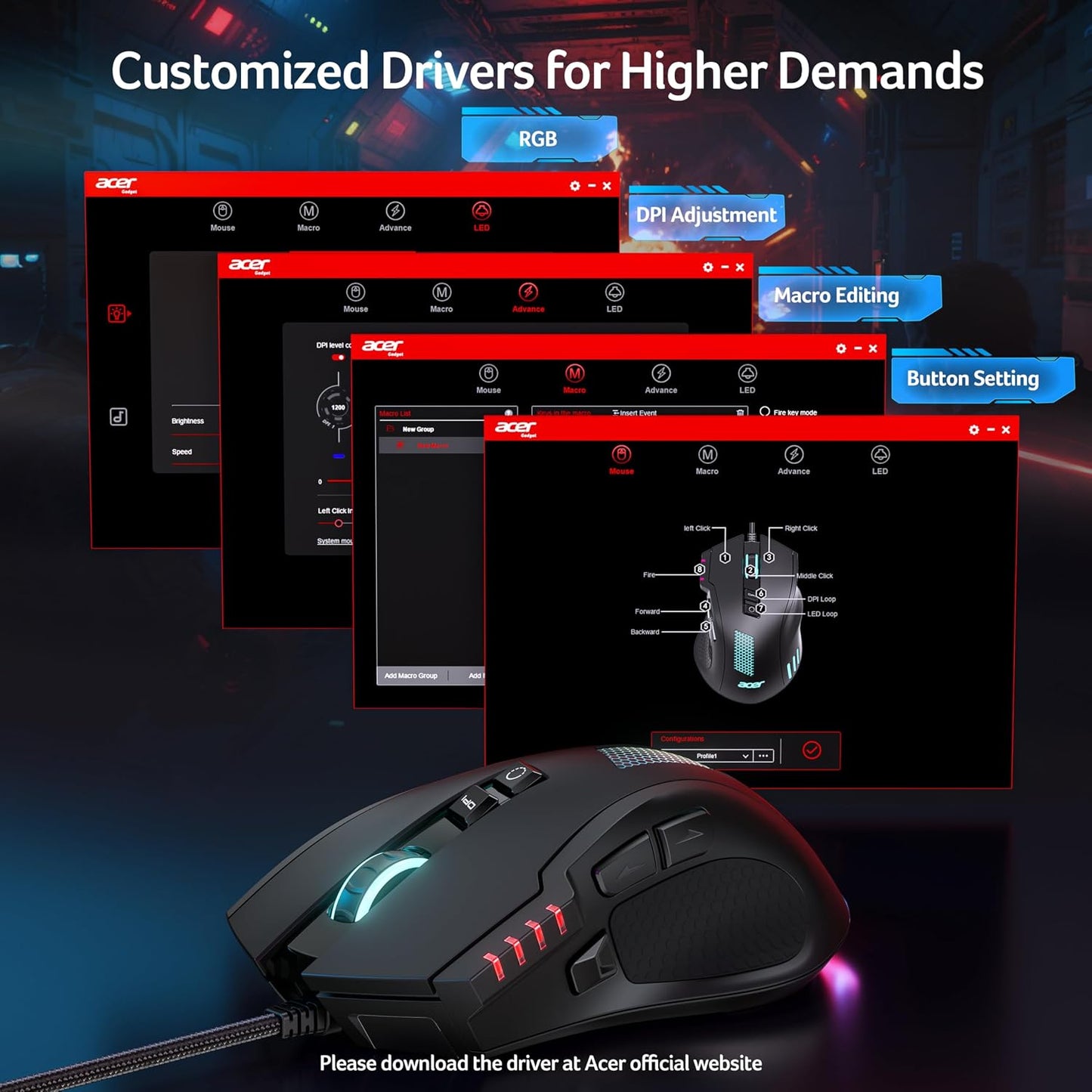 Acer Wired Gaming Mouse, 12,800 DPI RGB Ergonomic Computer Mouse for PC | Optical Sensor, 12 Backlit Modes, 8 Programmable Buttons, Software for DIY Keybinds, Rapid Fire, USB Mouse for Laptop