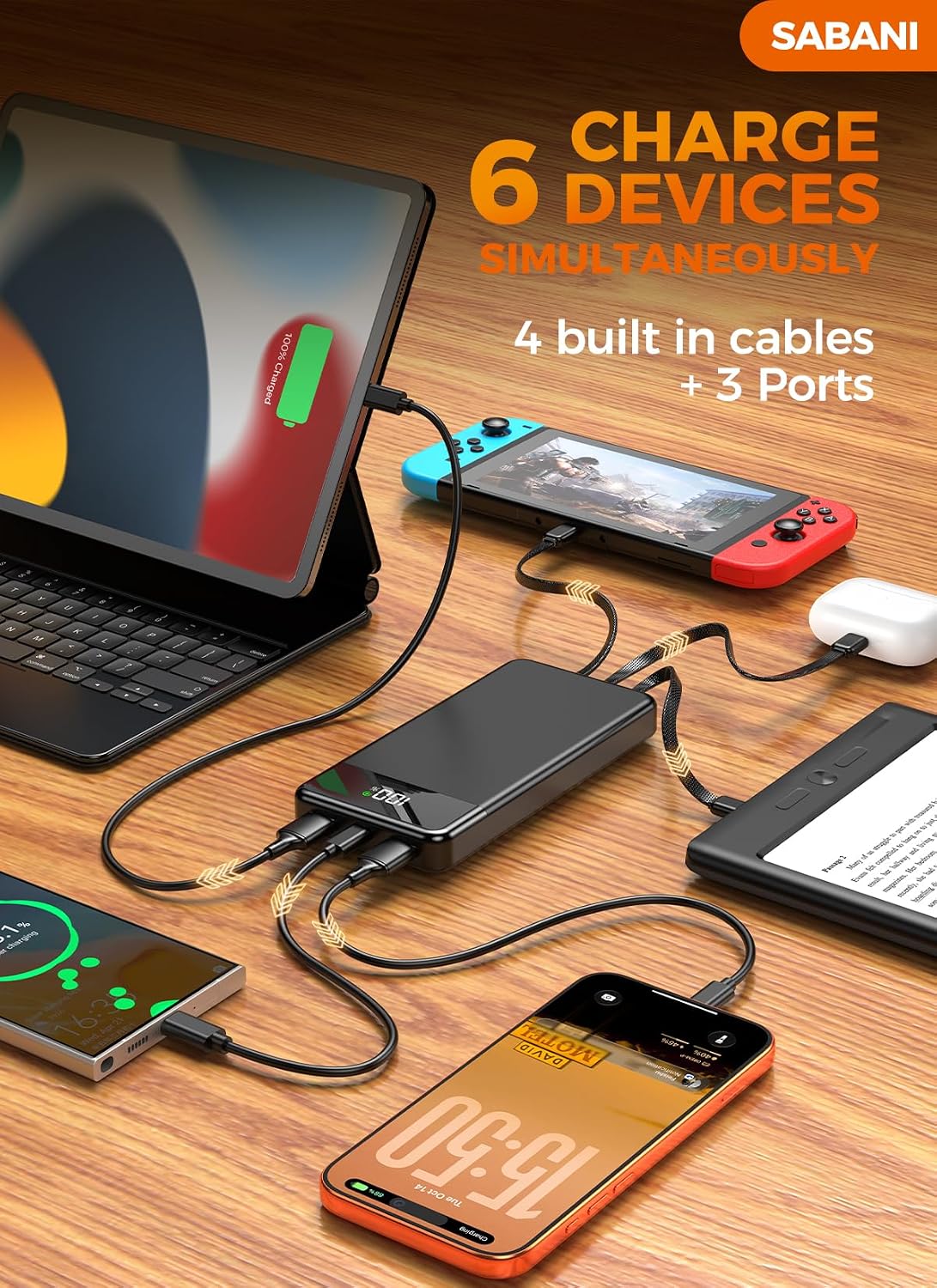 SABANI Portable Charger 35000mAh Power Bank, 4 Built in Cable Big Capacity | Ultra Slim, 22.5W Fast Charge, Travel Camping Essential, USB C External Battery Pack for iPhone Samsung Android, Black