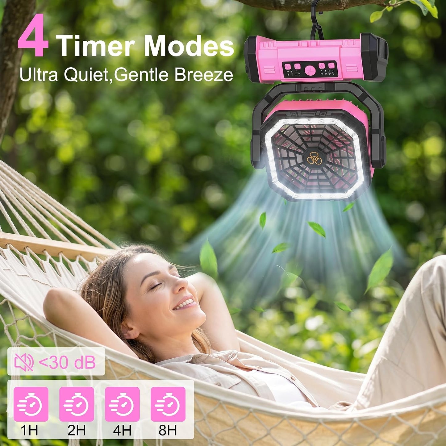 Honesorn 20000mAh Battery Operated Fan with LED Light & Remote, Pink | Up to 60H Runtime, 11-Inch, 45°/90°Oscillating, Hanging Hook, 4 Speeds, 8H Timer, USB-C Charging, for Tent, Travel, Outdoor