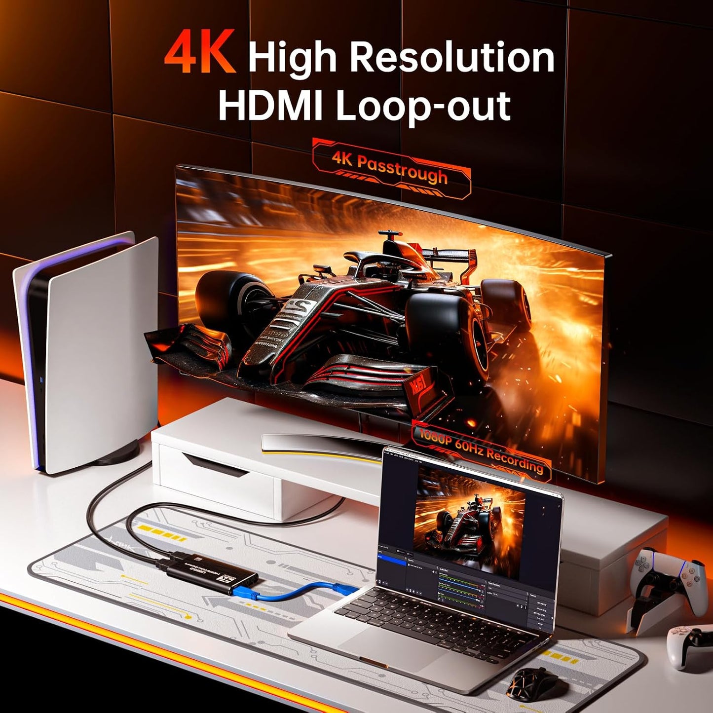 Newhope USB 3.0 HDMI Capture Card, 1080P 60FPS Capture with 4K Pass-Through | 2K 30FPS/1080P 60FPS capture and streaming with low-latency 4K pass-through for PS4, PS5, Switch 2, Xbox, PC, Mac and camera.