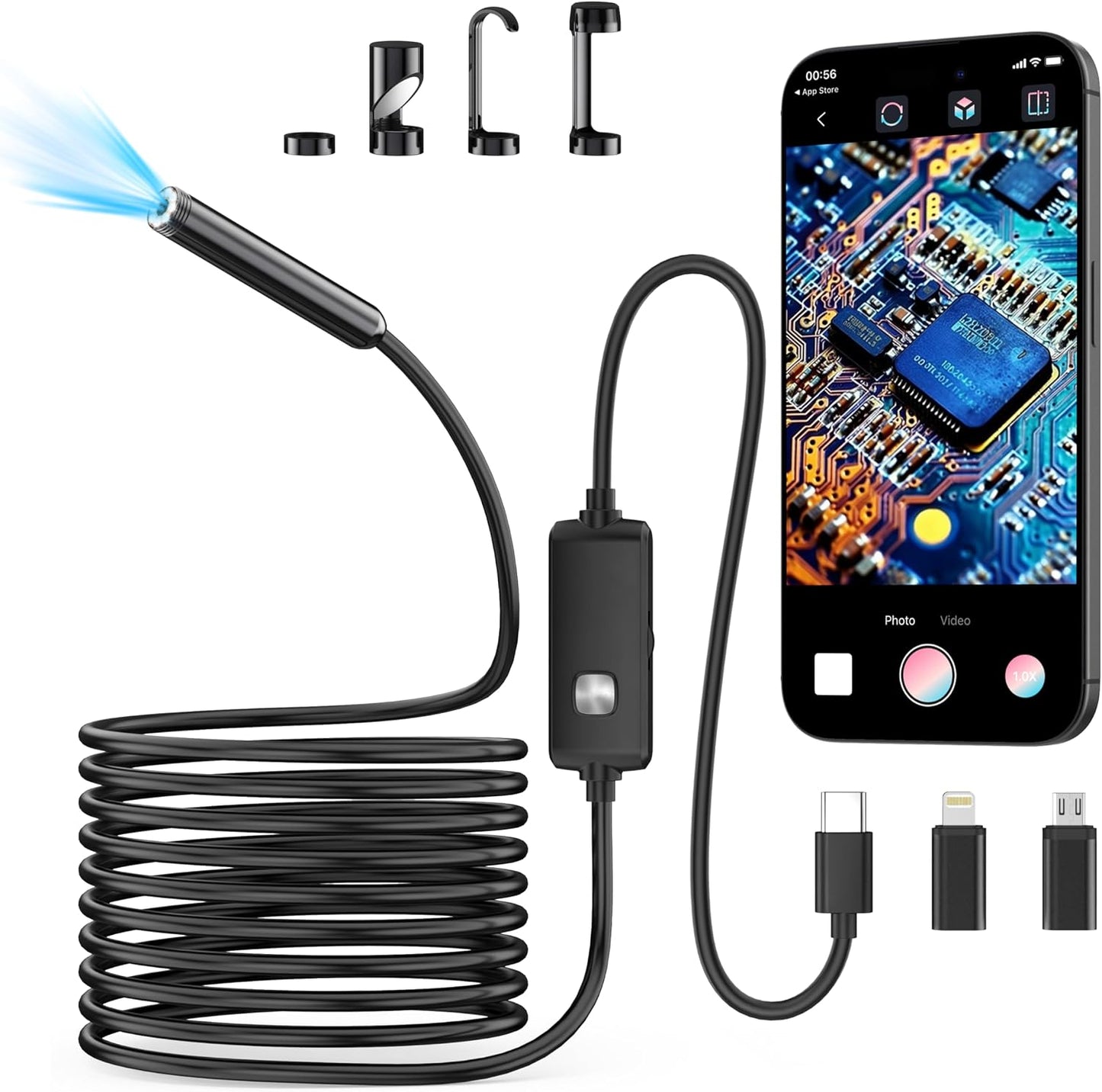 Endoscope Camera with Light,1920P HD Borescope with 8 Adjustable LED Lights | Endoscope with Semi-Rigid Snake Cable, IP67 Waterproof Inspection Borescope for iOS and Android-16.4ft Single Lens
