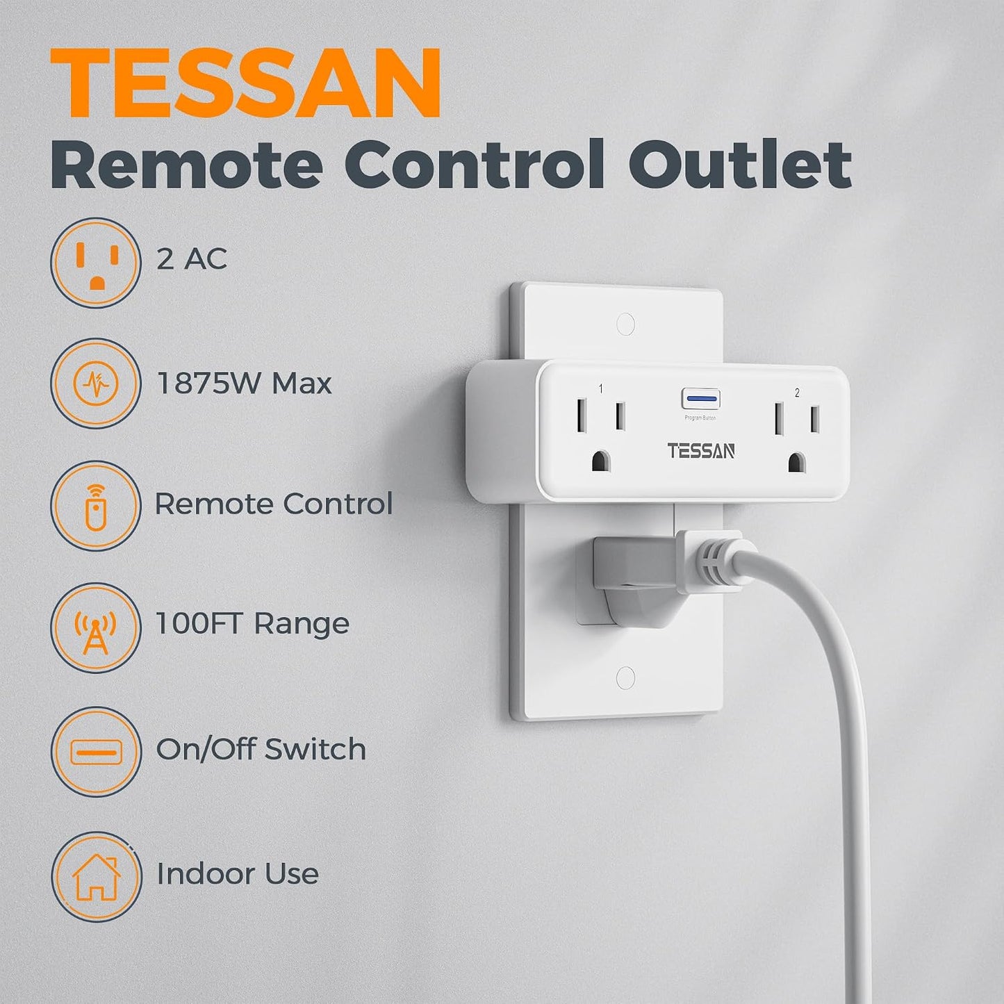 TESSAN Remote Control Outlet Plug, Wireless Switch with 2 Sockets | ON/Off Remote Outlet Switch for Indoor Lights, Lamps, Fans, Home Small Appliances, 100 Ft Range,1875W