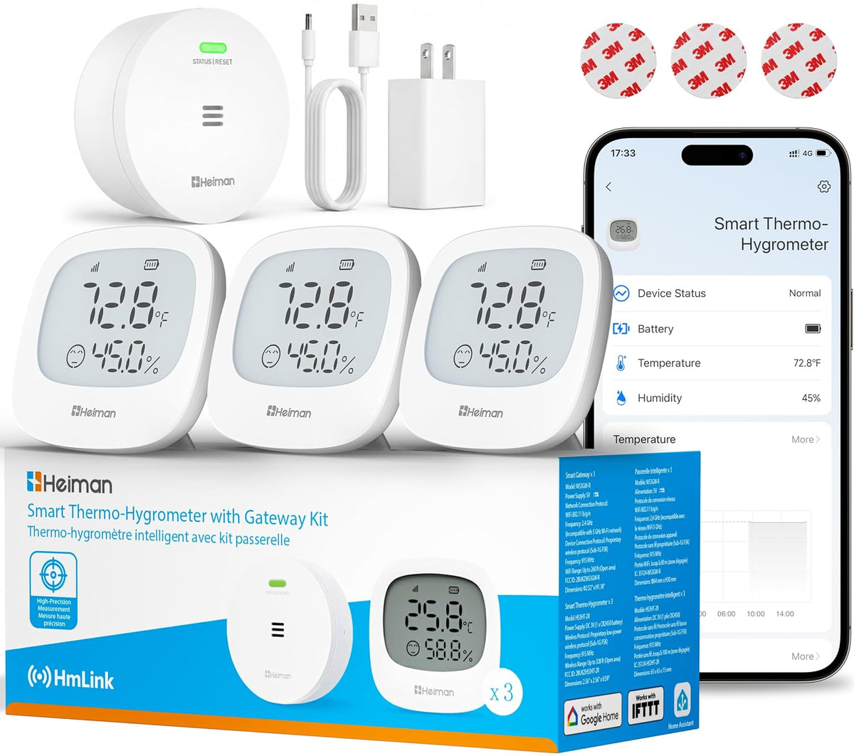 Heiman WiFi Thermometer Hygrometer, Digital Mini Sensor 3 Pack with Gateway