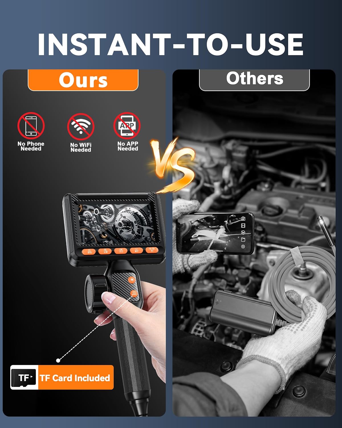 0.24“ Ultra-Slim Borescope, Two-Way&Dual Lens Endoscope,1080P Borescope Camera with Light, 210° Articulating Inspection Camera,TF Card, IP67 Waterproof,5FT Snake Camera for Automotive Engine