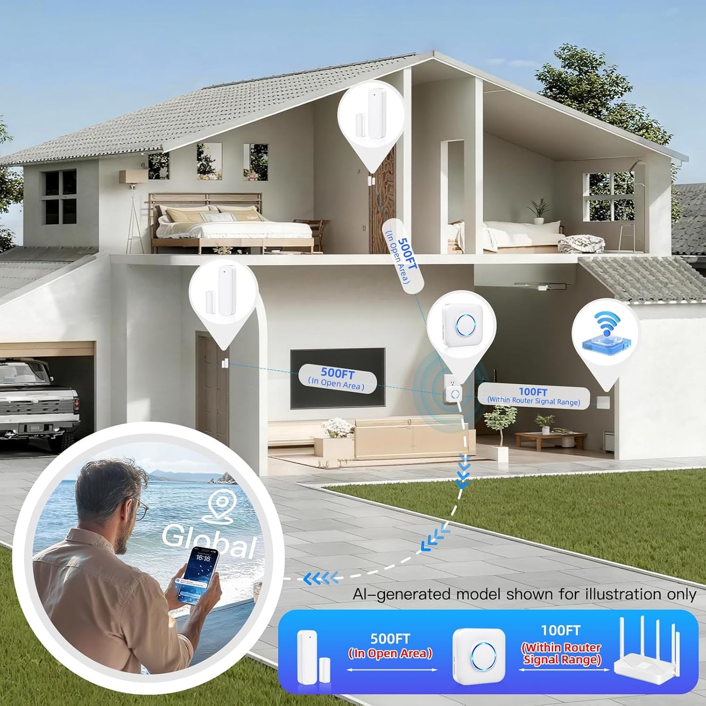 WiFi Door Sensor Chime, Smart Door Open Alert Window Sensor | For Business/Home/Kids Safety, Window Contact Alarm with Free App Notification, 500ft Range, 32 Melodies, 5 Volume Levels