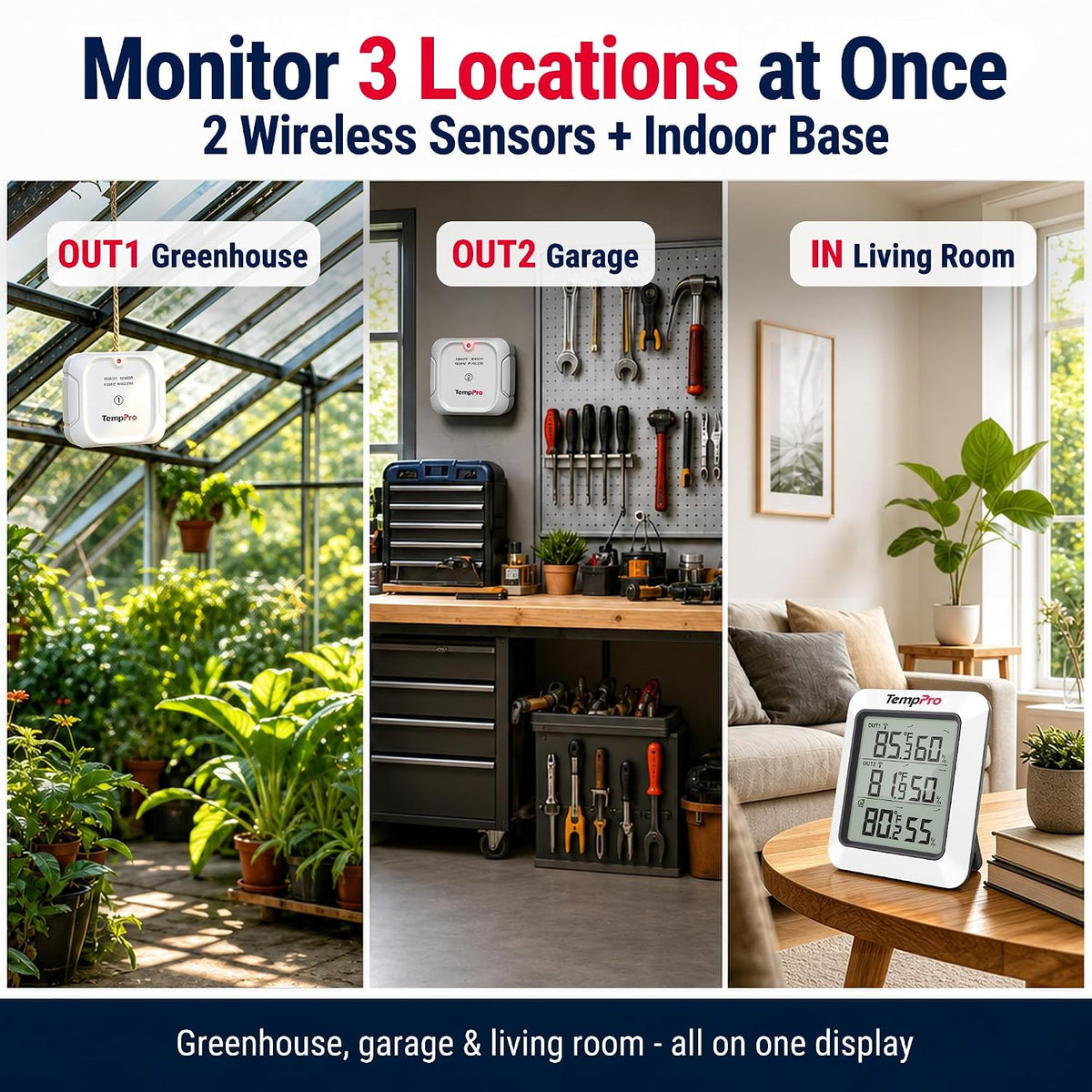 TempPro TempAir 500FT Indoor Outdoor Thermometer Wireless-2 Remote Sensors