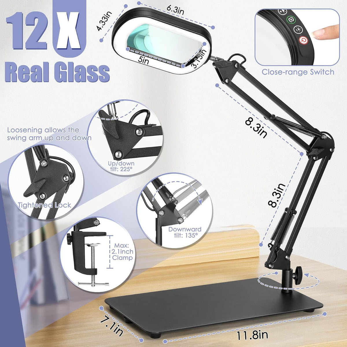 Drdefi 12X Square Magnifying Glass with Light and Stand, Real Glass LED Lighted Magnifier, 5 Color Modes Stepless Dimmable, Hands-Free Mag Desk Lamp with Clamp for Reading Craft Hobby Close Work Black
