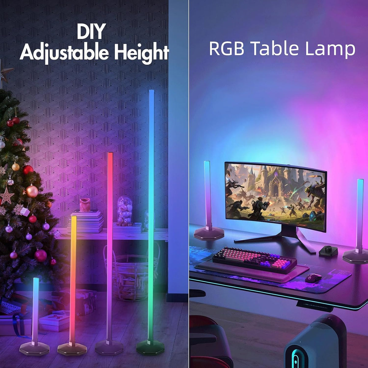 LED RGB Corner Lamp - Smart RGB LED Corner Floor Lamp Adjustable Height with 16 Millon RGBWIC Color Changing Lights 300+ Scene,Music Sync&Timer,Ambient Lighting for Living Room,Bedroom,Game Room