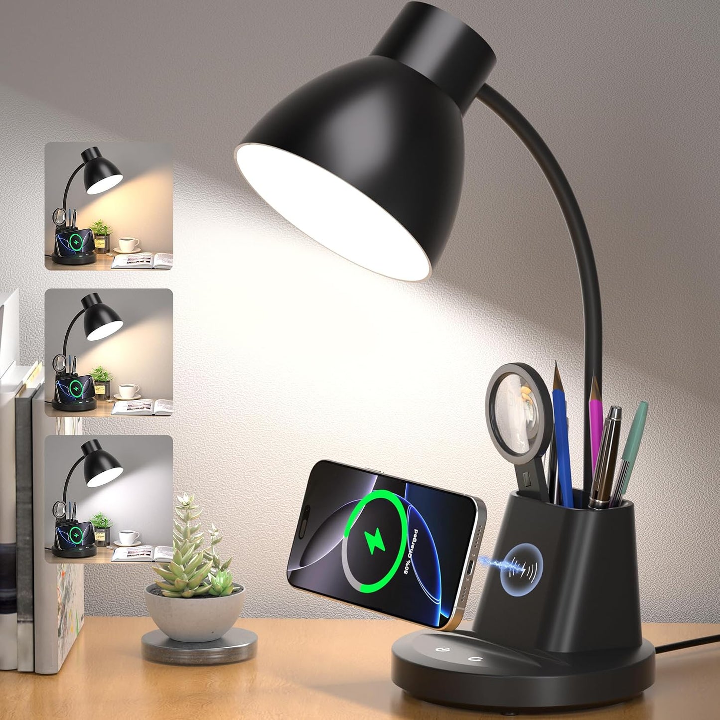 10W Wireless Charging LED Desk Lamp with Pen Holder, CRI 95, Black | 800LM, 3 Modes, 360°Flexible Arm, Touch, Brightness, Table Lamp for Home Office, Dorm, Bedside, Study, Reading, with Adapter