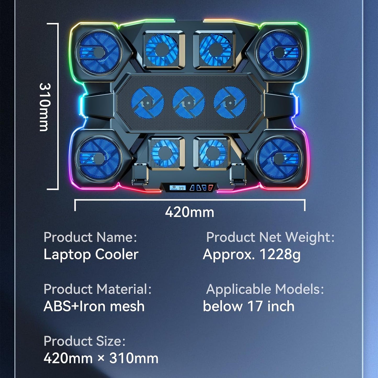 Gaming Laptop Cooling Pad - 11 High Speed Turbo Fans Ultra Quiet Laptop Cooler Stand with RGB Lights Digital Display Height Adjustable for 17 Inch Laptop