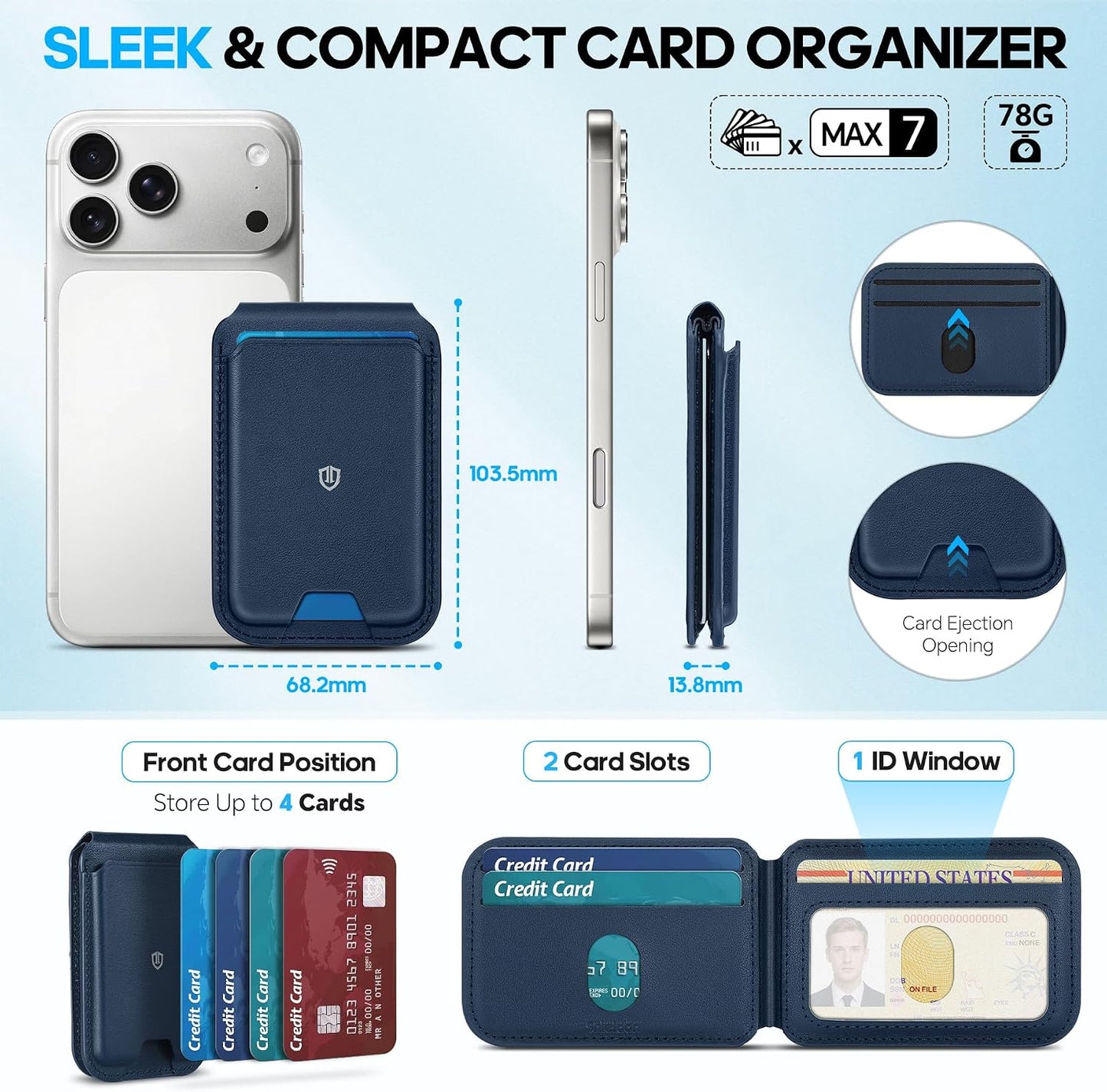 SHIELDON Genuine Leather Magnetic Wallet Stand for MagSafe, Navy Blue | Strong Magnetic, 6 Card Holders, Kickstand, Rfid Blocking, Quick-access, ID Window, for iPhone 17/16/15/14/13/12 Series