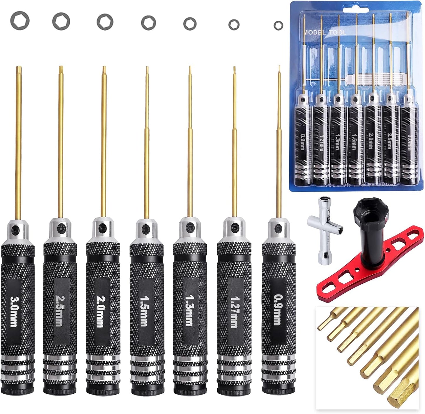 HobbyPark Hex Driver Set Allen Screwdriver Kit Titanium 0.9mm/1.27mm/1.3mm/1.5mm/2.0mm/2.5mm/3.0mm Small and 17mm Hex Wrench Set RC Car Tools Kit