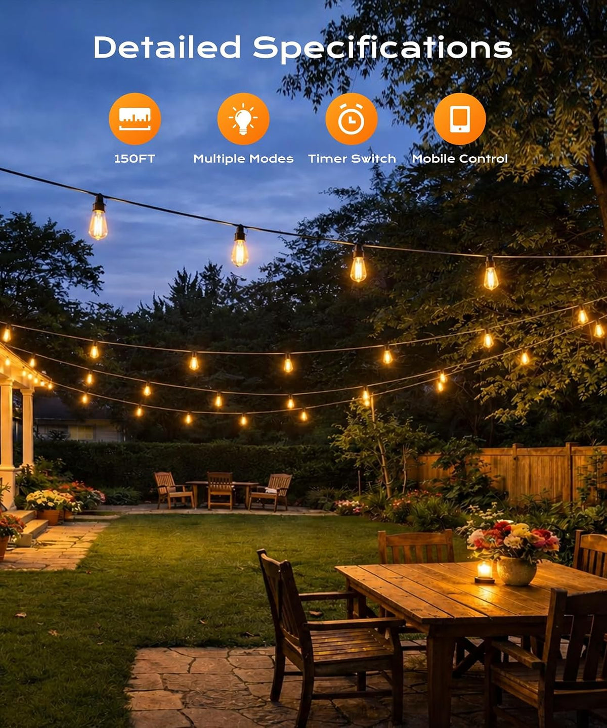 Outdoor String Lights, 150 FT Patio Lights for Outside, Smart App & Remote Control with Timer, Dimmable with 4 Scene Modes, Warm White Waterproof LED Bulbs for Garden, Yard and Backyard Decor