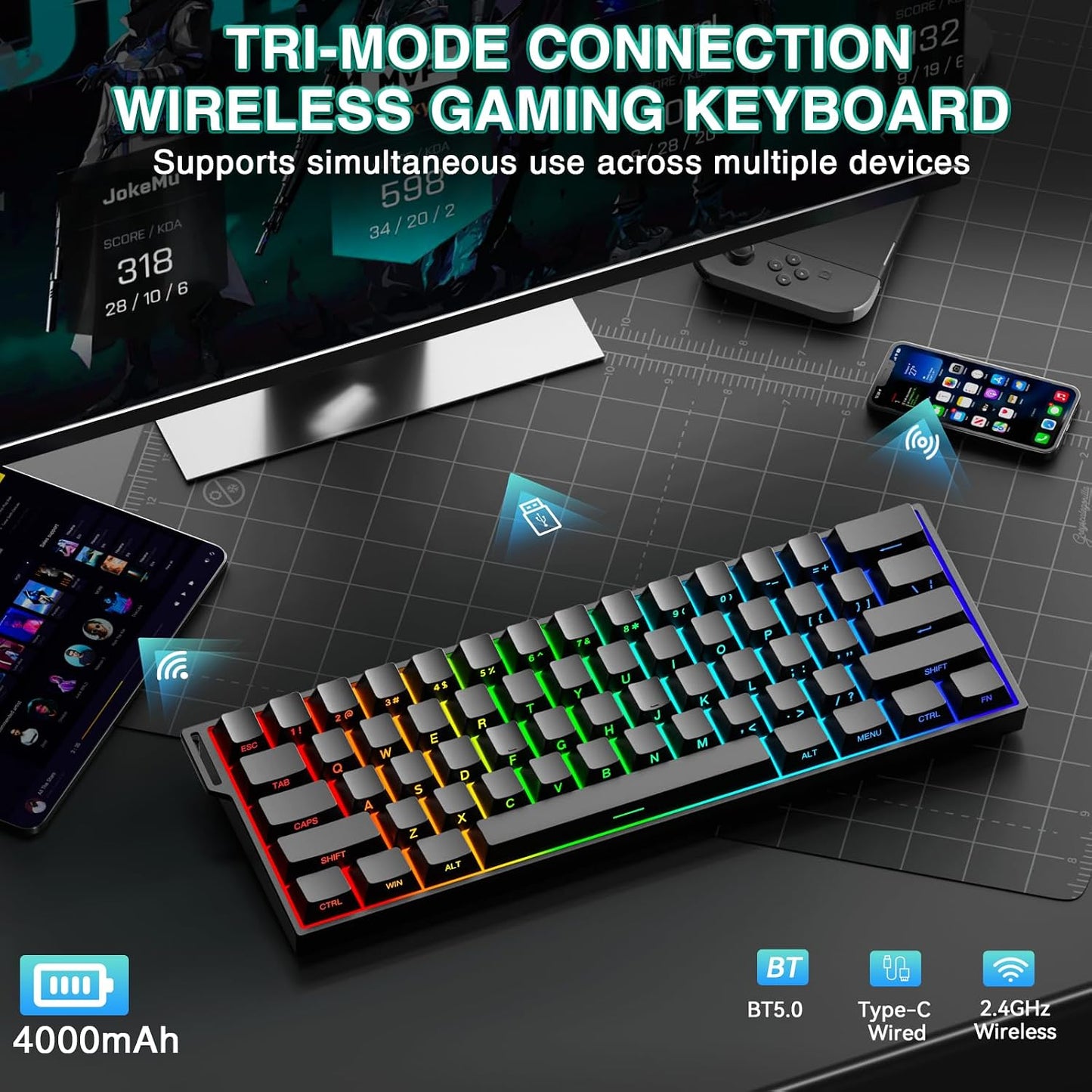 Aula MINI60 HE PRO Wireless Gaming Keyboard 60%,Hall Effect Rapid Trigger Magnetic Keyboard,8000Hz Polling,Tri-Mode(BT5.0/2.4GHz/USB-C),RGB Hot Swappable Compact Mechanical Keyboard for Gamer(Black)