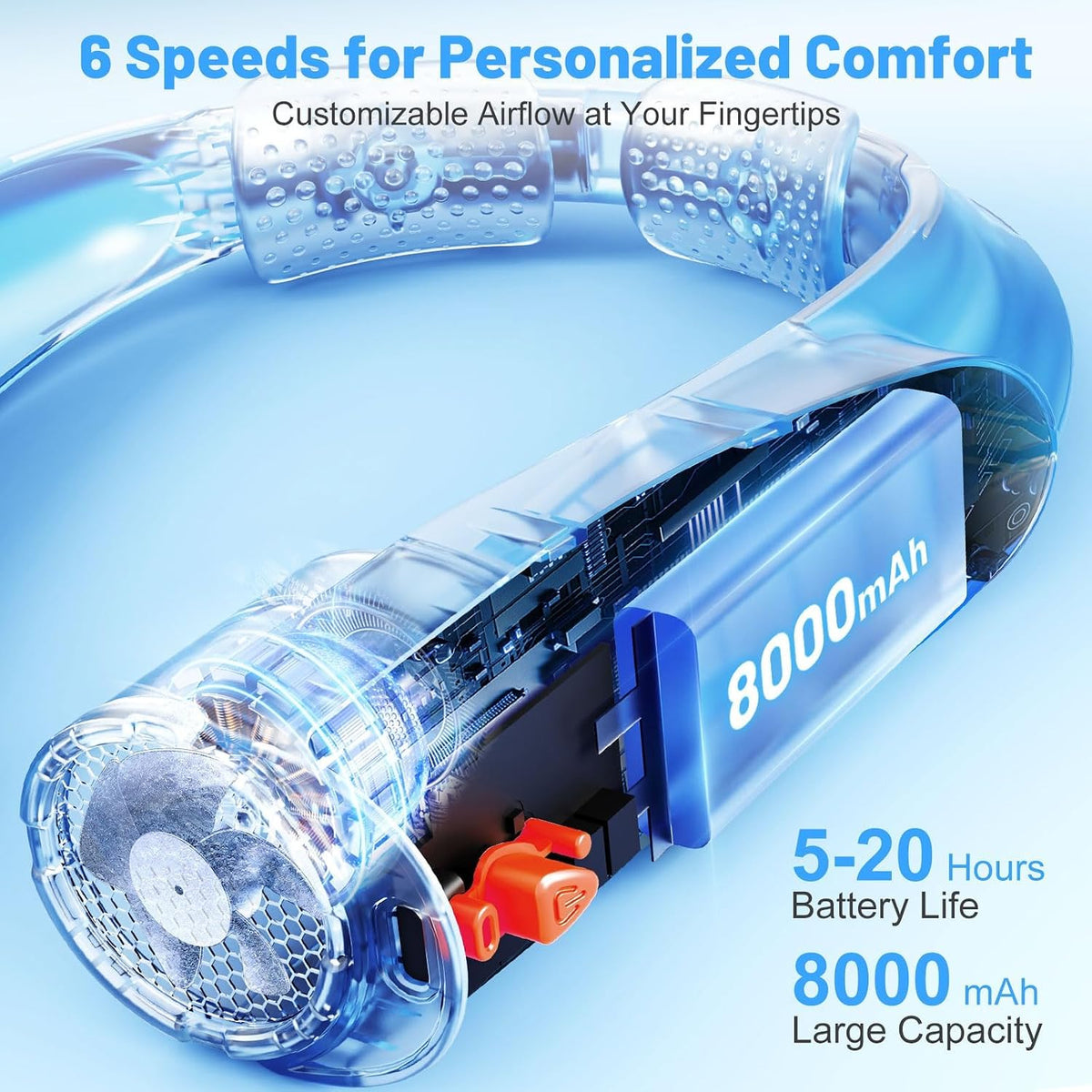 8000mAh Portable Neck Fan with 6 Powerful Speeds, 20H Runtime Cooling Fan | USB-C Rechargeable Fan,Hands-Free 360° Cooling Neck Fan,Twistable,Wearable Personal Fan Gift for Women Men Outdoor