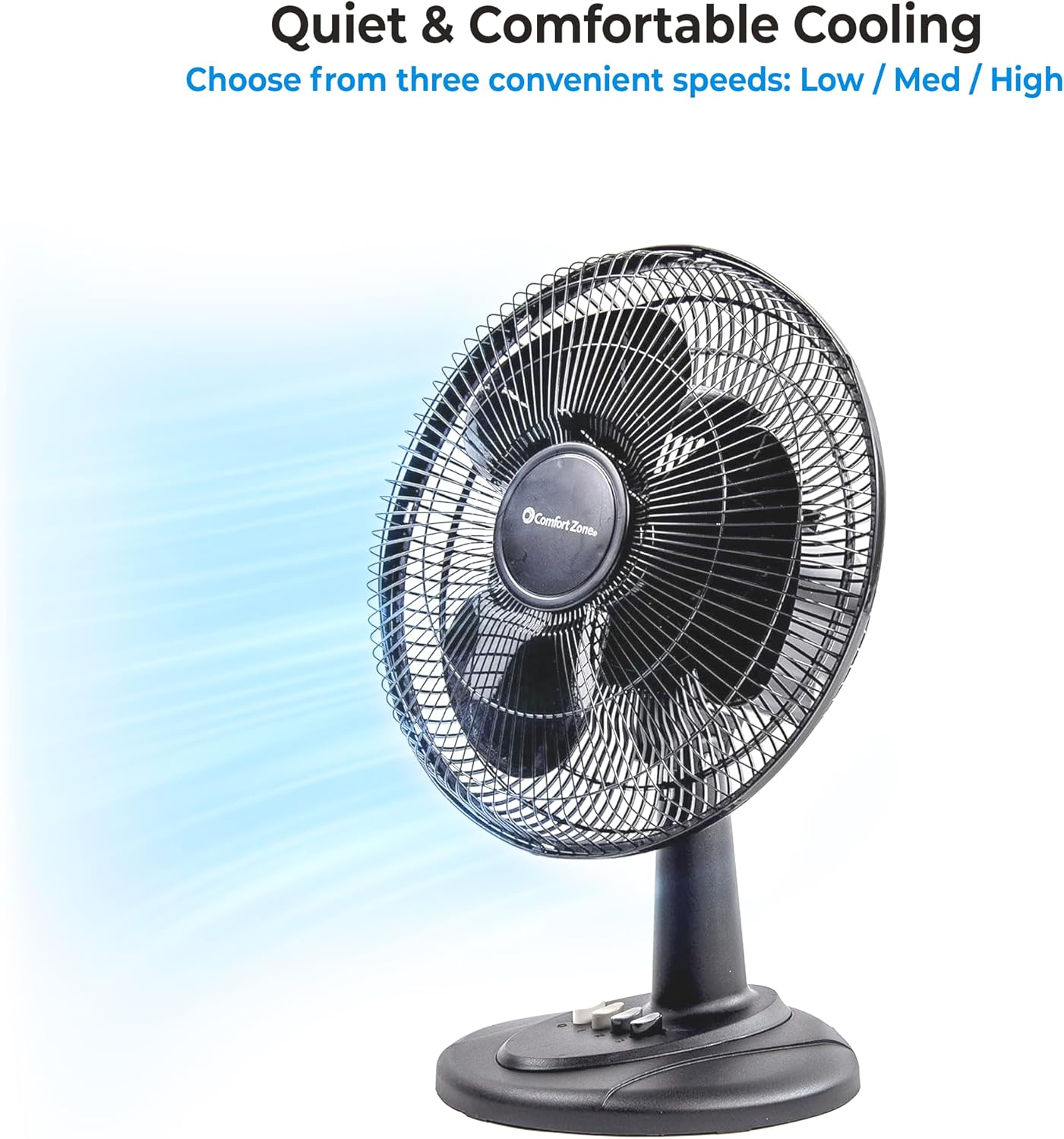 Comfort Zone Oscillating Table Fan with Adjustable Tilt, Convenient Push Button Controls, Quiet, 12 inch, 3 Speed, Desk Fan, Airflow 7.25 ft/sec, Ideal for Home, Bedroom, Dorm & Office, CZ121BK