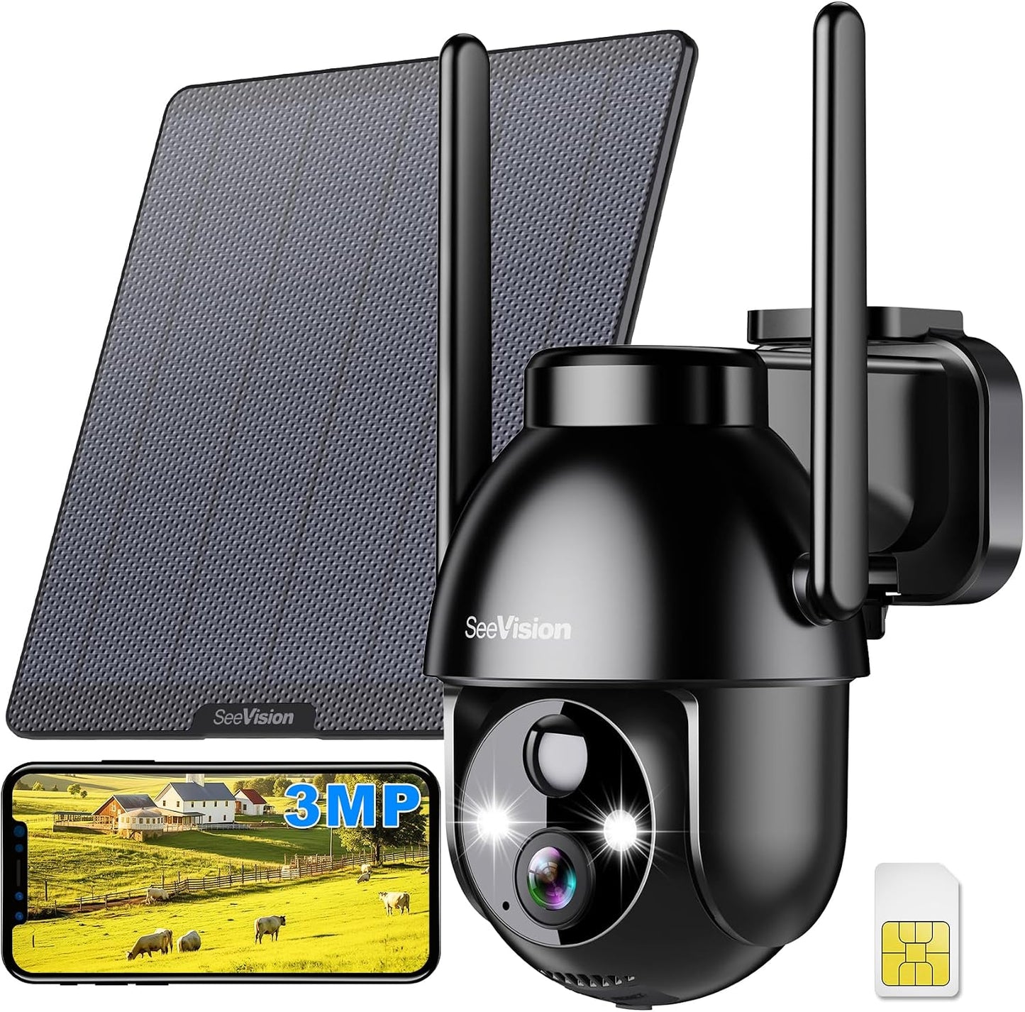 SeeVision Solar Security Cameras Wireless Outdoor, 2K PTZ WiFi 3MP Indoor Security Camera for Home with Spotlight, PIR Motion Detection,Siren, Color Night Vision, 2-Way Talk, SD/Cloud Storage