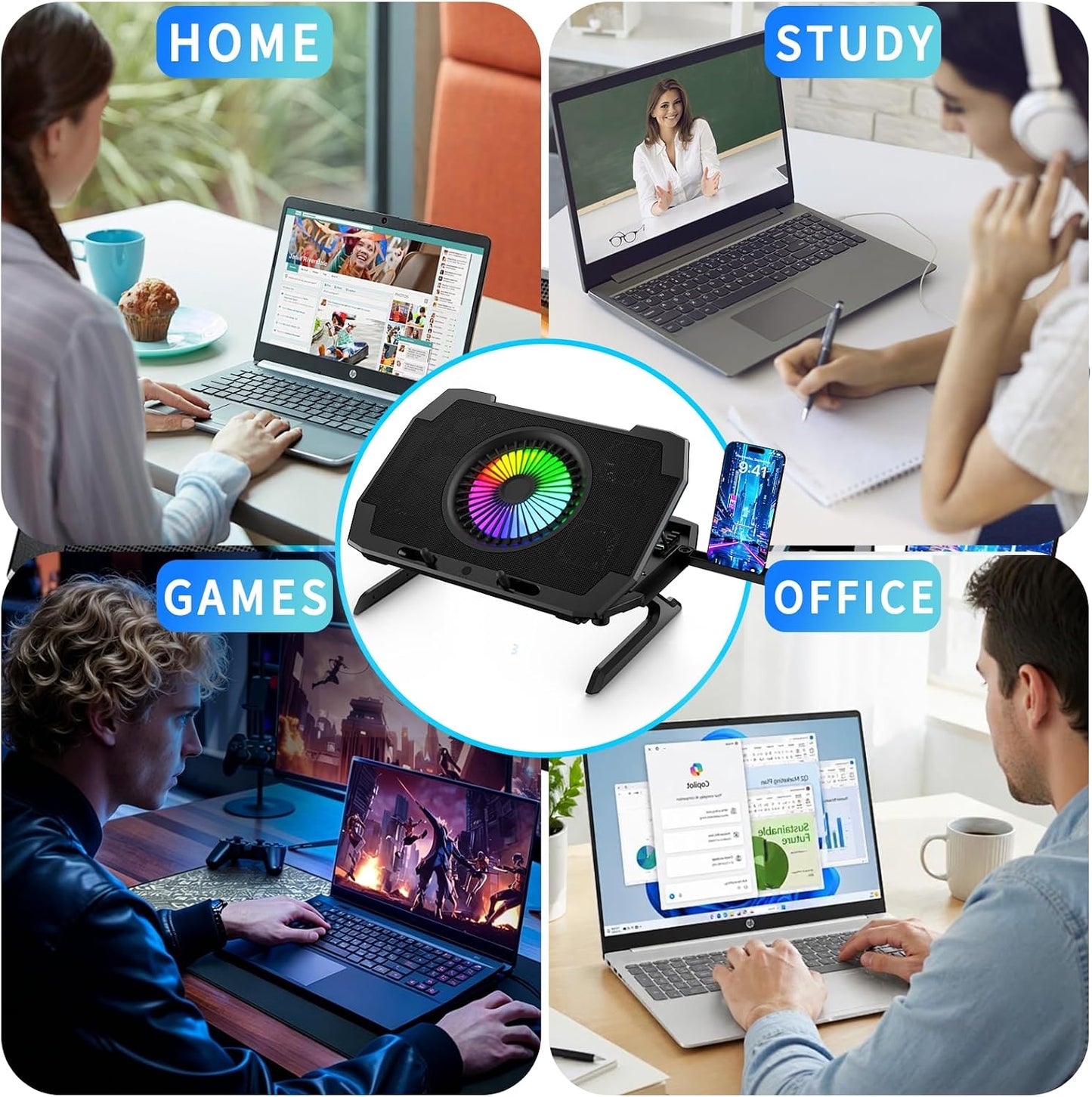 LP-2 Laptop Cooling Pad & Phone Holder, Dual-Mode Ergonomic Laptop Cooling Stand with 7 Adjustable Heights, 5 RGB High-Performance Quiet Laptop Fans, 2 USB Ports & 3 Speeds Laptop Cooler for 15–21Inch