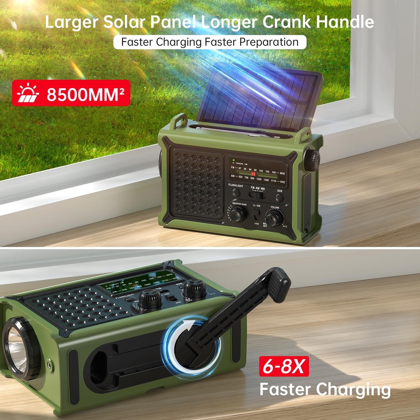 12000mAh/44400mWh Emergency Radio, NOAA Weather Radio, Hand Crank & Solar | Clear Signal, AM/FM Portable Radio, AC Input, Rechargeable Battery, Flashlight and SOS for Outdoor Survival and Power Outages