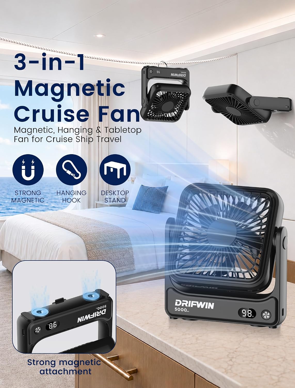 Magnetic Cruise Approved Fan, 5000mAh Ultra-Slim Travel Fan Rechargeable, 4-Speed, Hook Design, Portable Fan for Cruise Ship Cabin, Bedroom Sleeping, Camping, Travel & Cruise Essentials 2026