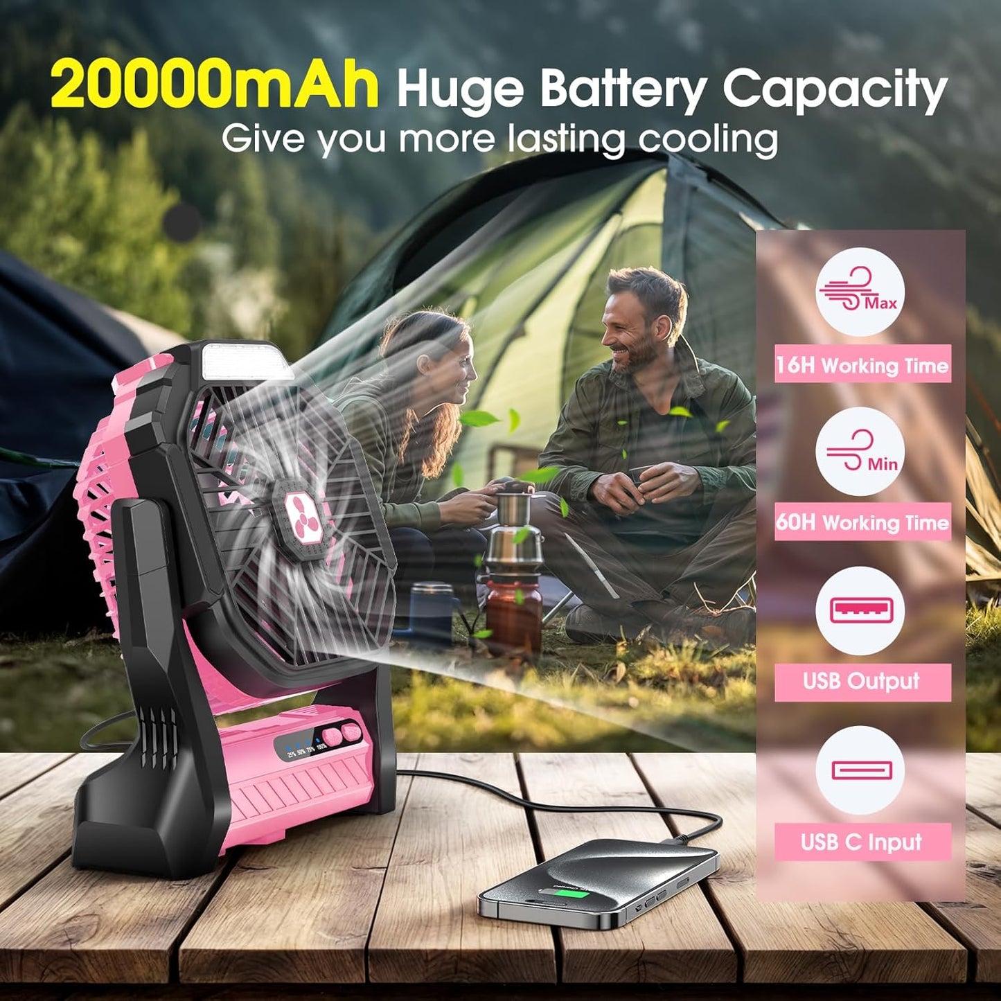 Peouix Portable Rechargeable Fan, 20000mAh Cordless Battery Powered Camping Tent Fans with LED Lantern, Operated Outdoor Ventiladores for Travel Camp Fishing Office Home Essentials | Pink