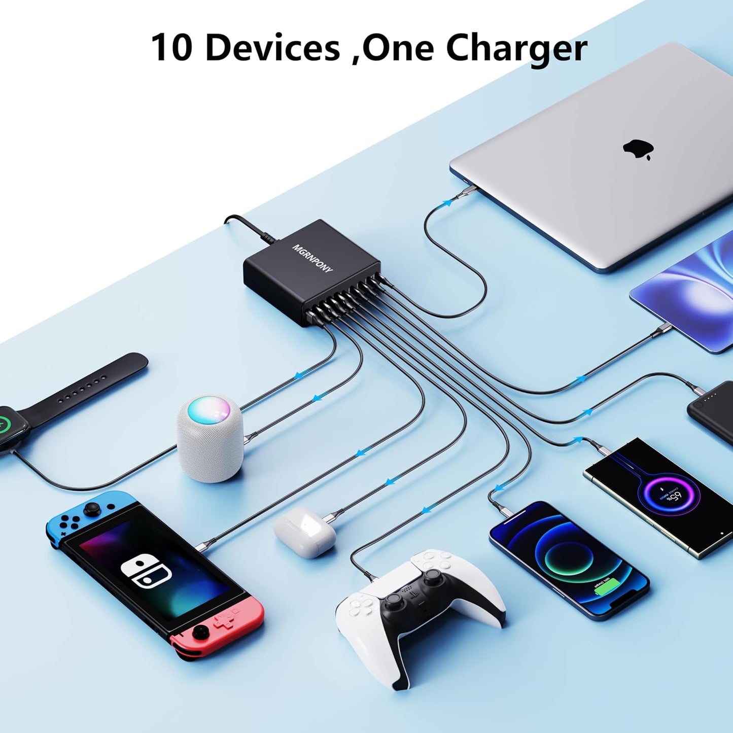 320W USB C Charger Block, 10-Port GaN USB C Charging Station Black | PD 65W Laptop Fast Charger Adapter for MacBook Pro/Air, DELL, iPad, iPhone, Samsung Galaxy