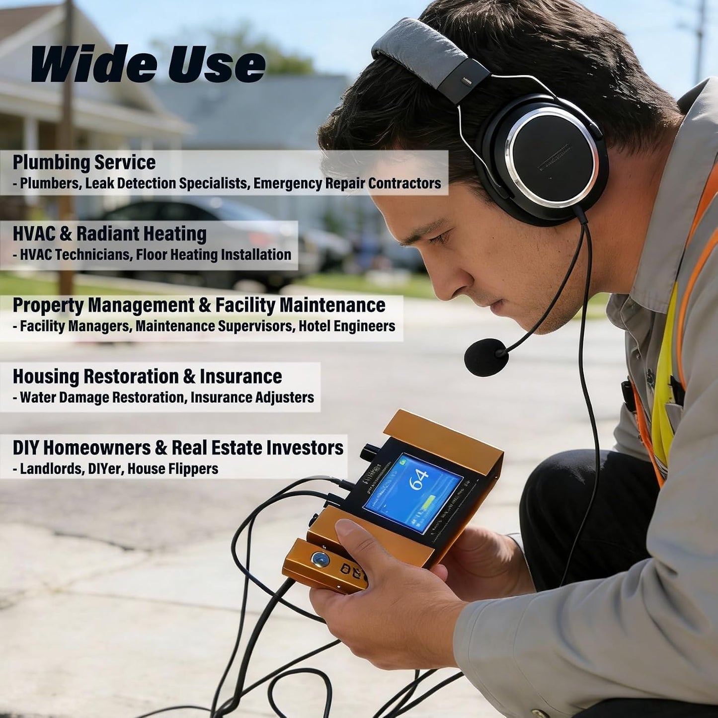 Underground Water Leak Detector, Adjustable Sensitivity Non-Destructive Metal/Plastic Water Pipe Leak Detector Locator for Commercial Residential Plumbing Floor Heating, Noise-Cancelling Headset
