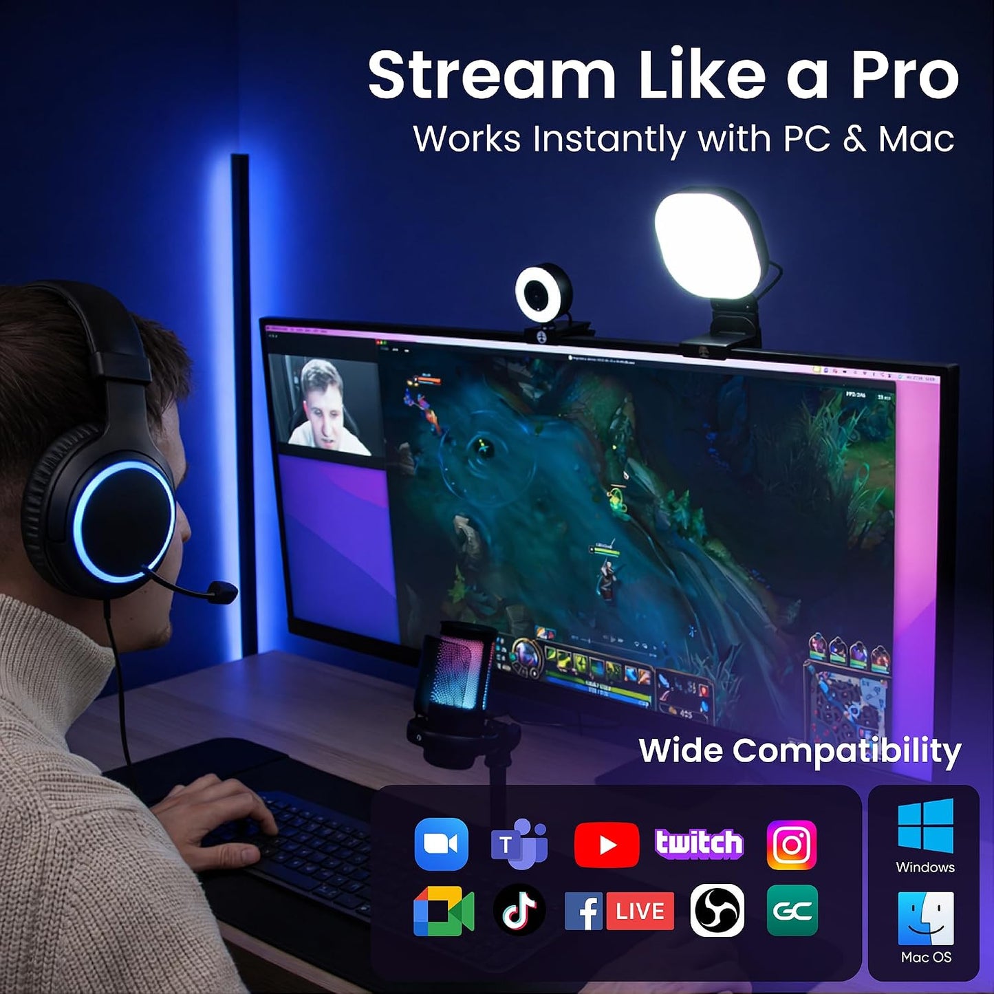 Webcam Streaming Kit with USB RGB Microphone & LED Light – 1080P 30FPS Streaming Camera Bundle for Twitch, YouTube, Podcasting, WFH – PC & Mac Compatible (Not for PS5 Alone)