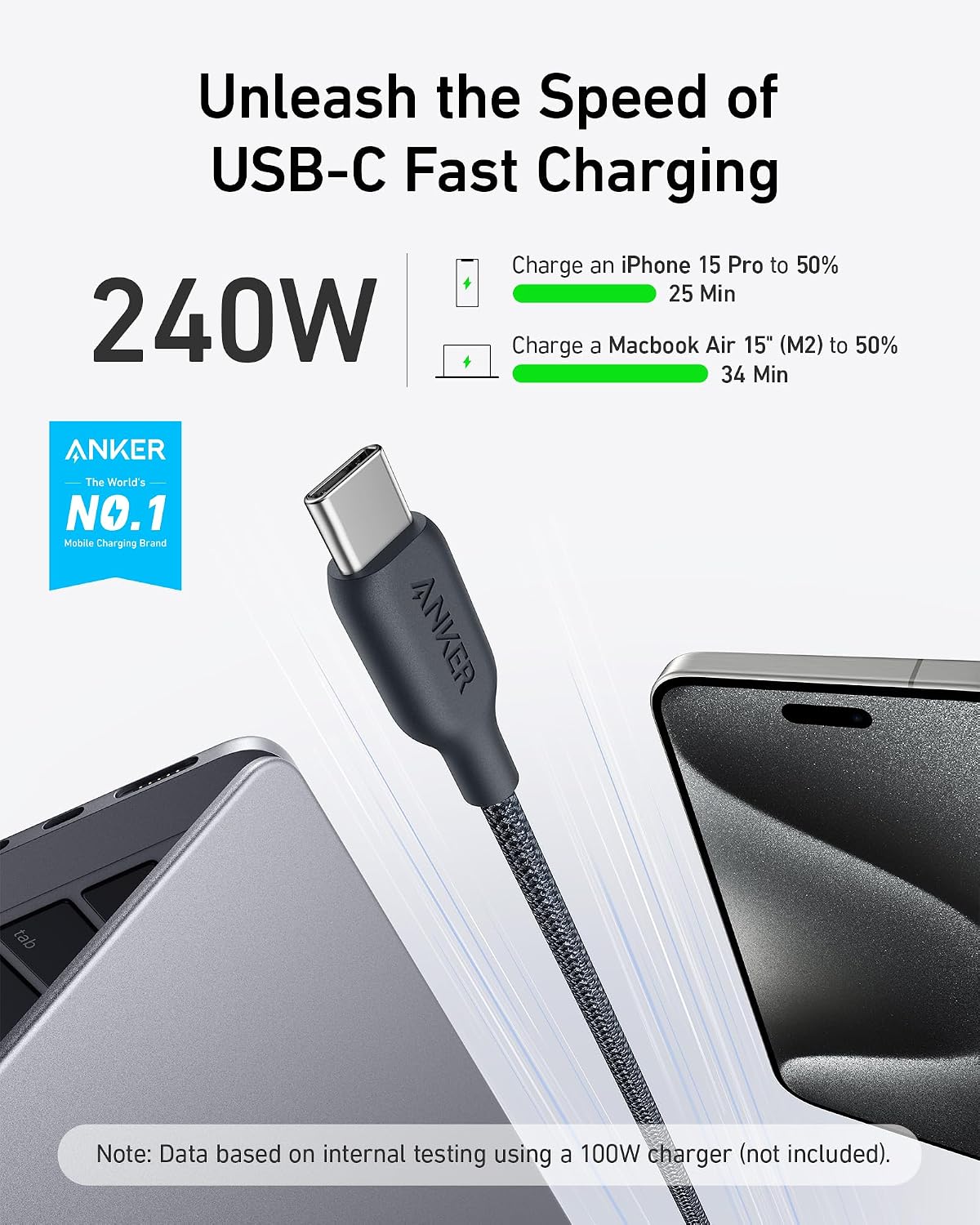 Anker USB C Cable, 240W Type C Fast Charging, USB 2.0(10 ft, Phantom Black) | Bio-Braided Cord for iPhone 17 Series, MacBook Pro 2020, iPad Pro, and More