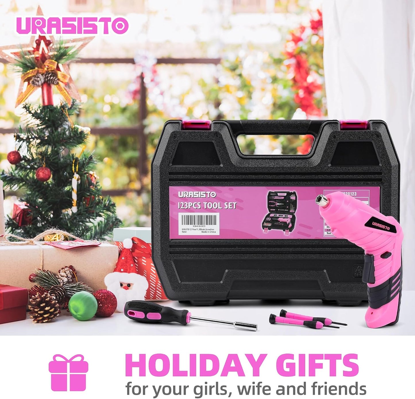 URASISTO 123 Piece Pink Household Tool Set with 3.6V USB Electric Screwdriver, Home Tool Kit with Cordless Lithium-ion Drill Driver, HandTool Kits for Women