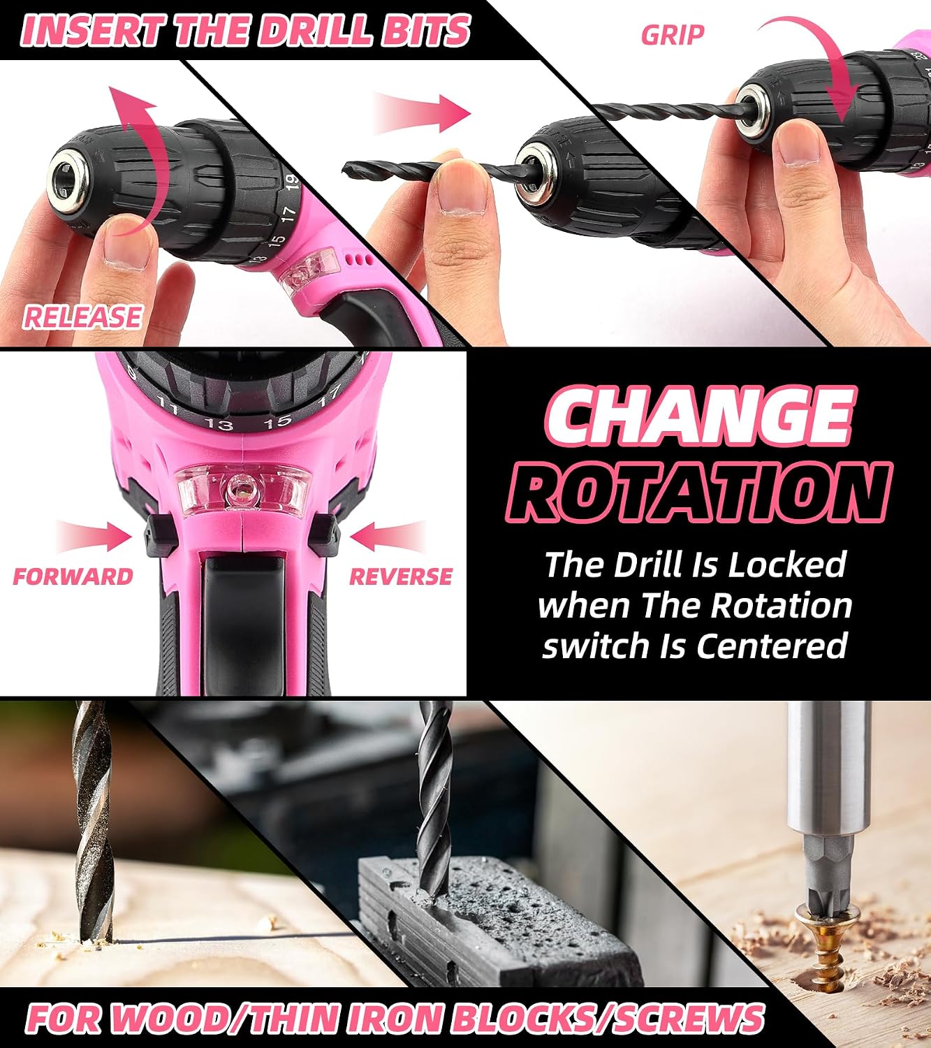 147 Piece Pink Power Drill Drivers Tool Set, 12V Cordless