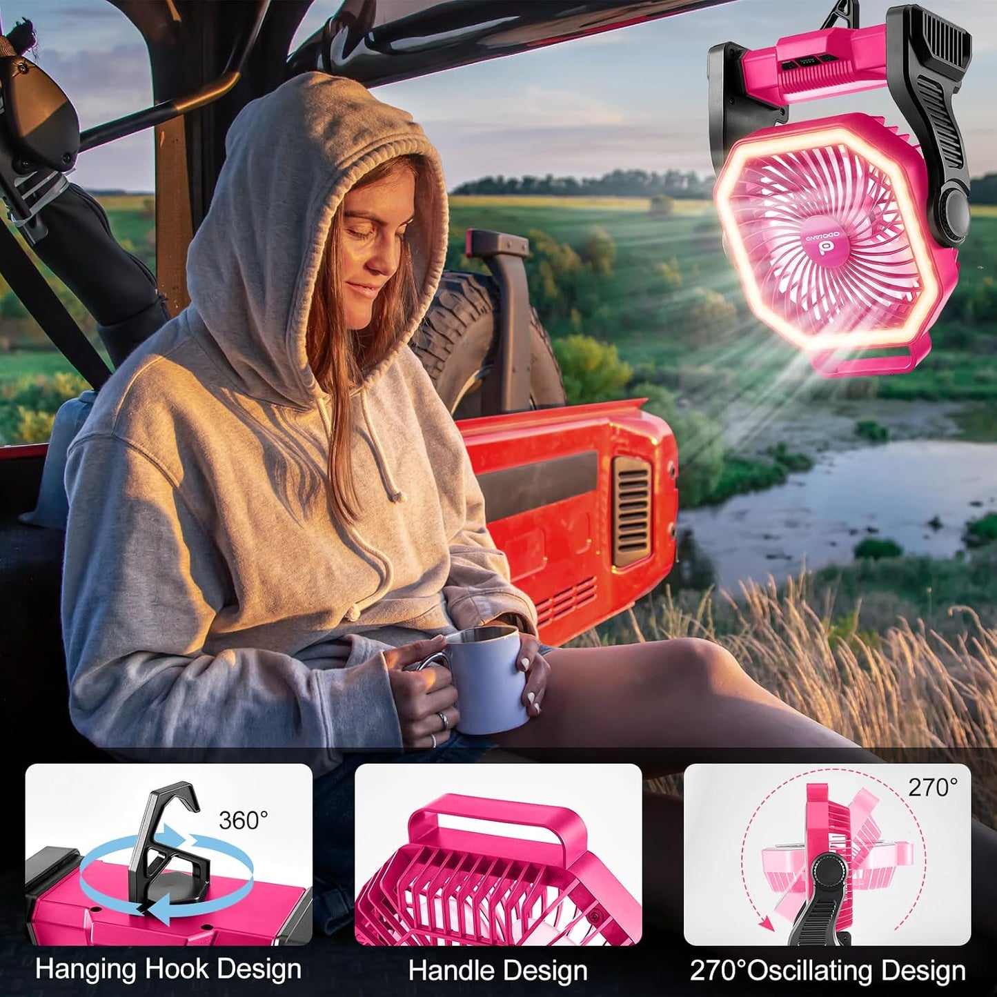 Odoland Portable Rechargeable Fan, 20000mAh Camping Fan with LED Lantern | 4-Speed Airflow & 3-Color Light Oscillating Fan with Hanging Hook for Tent Car Beach Hurricane Power Outage, Pink
