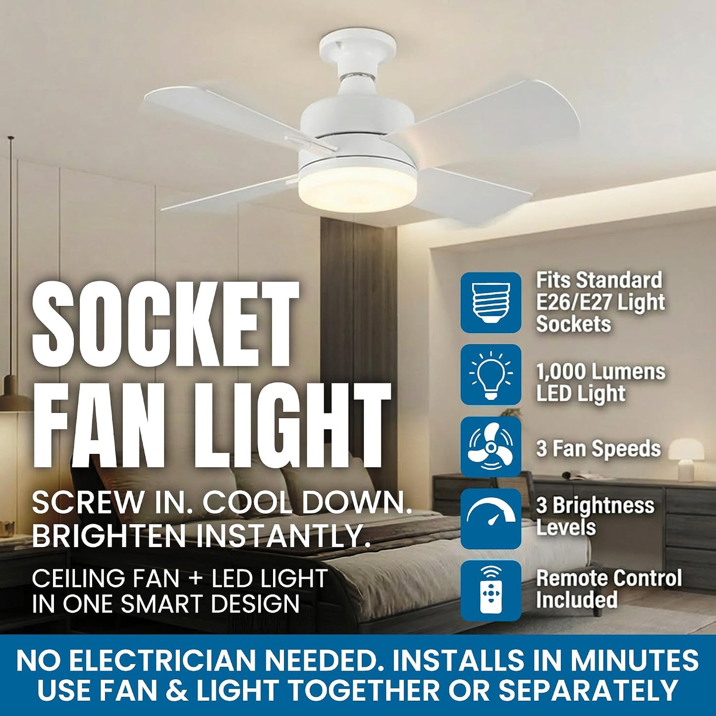 SOCKET BREEZE 15.4" Socket Fan Light Celing Fan with Remote Control | 1000 Lumens, 3 Speed & Light Modes, Portable Easy to Install Ceiling Fans Replacement for Bedroom, Bathroom, Living Room