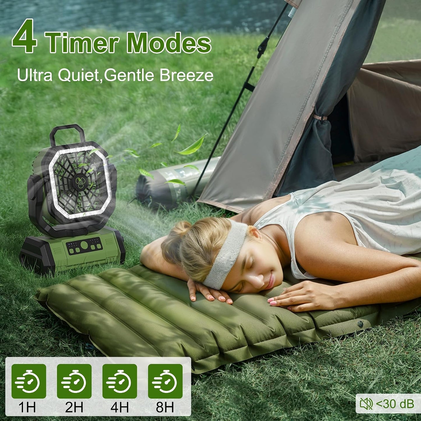 Honesorn 20000mAh Battery Powered Fan with LED Light & Remote, Green | 45°/90°Oscillating, Hanging Hook, 4 Speeds, 8H Timer, USB-C Charging, for Camping, Tent, Travel, Outdoor