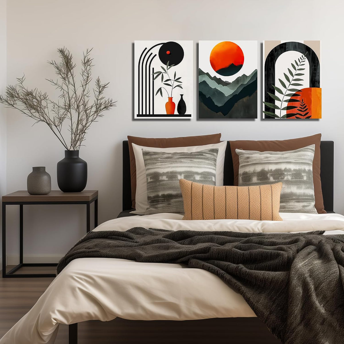 DNIEOTU Boho Wall Art for Living Room, Bohemian Canvas Wall-Decor for Bedroom, Mountian Moon and Geometric Shapes Picture Prints, Size 12 x 16 Inches 3-Pieces