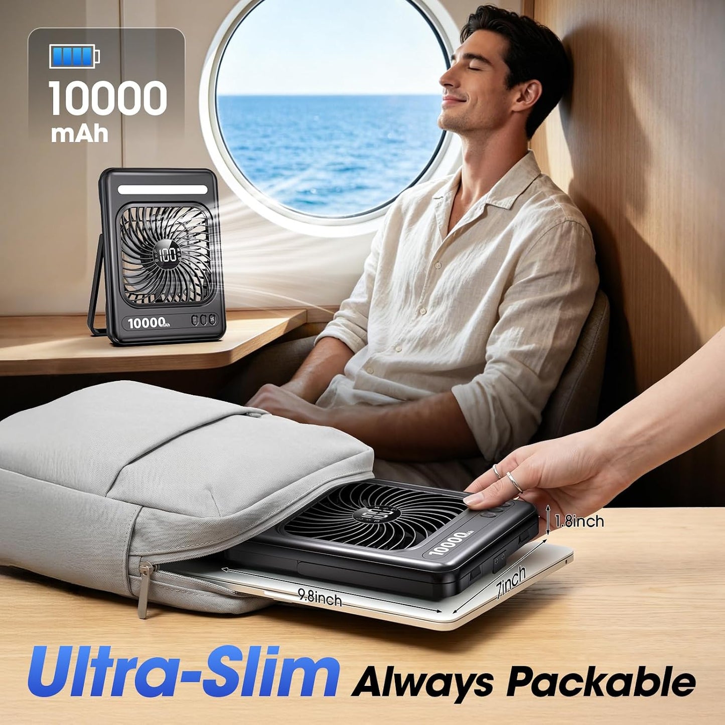 10000mAh Portable Travel Fan, 5 Speeds Strong Wind Cruise Fan with LED Lantern, 24H Runtime Personal Rechargeable Fan, 2/4/6/8H Timer, Ultra-thin Quiet Desk Fan for Camping, Office, Bedroom, Beach