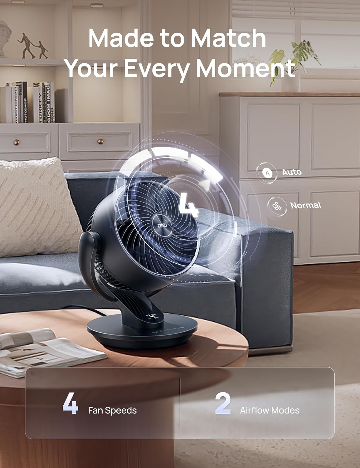 DREO Smart Fan for Bedroom, 120° Vertical and 90° Oscillating Fan with Voice Control, 13 Inch Quiet Air Circulator for Whole Room, 70 ft, 4 Speeds, 5 Modes, 12H Timer, Desk Fans for Home, Office