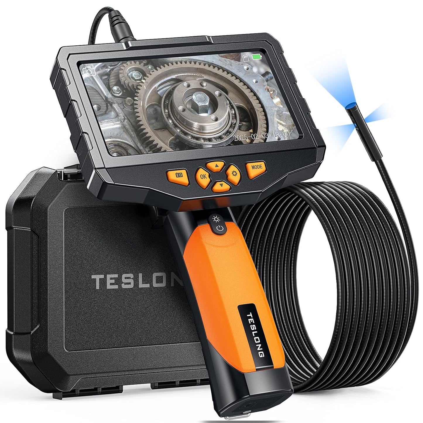 Teslong 16.5FT Triple Lens Borescope Camera for Automotive/Home/Wall/Pipe | 5" IPS Screen, LED Flashlight, 0.31 inch Endoscope, 8+2 LED Lights, 5000mAh Battery, 32GB, IP67 Waterproof, Carrying Case